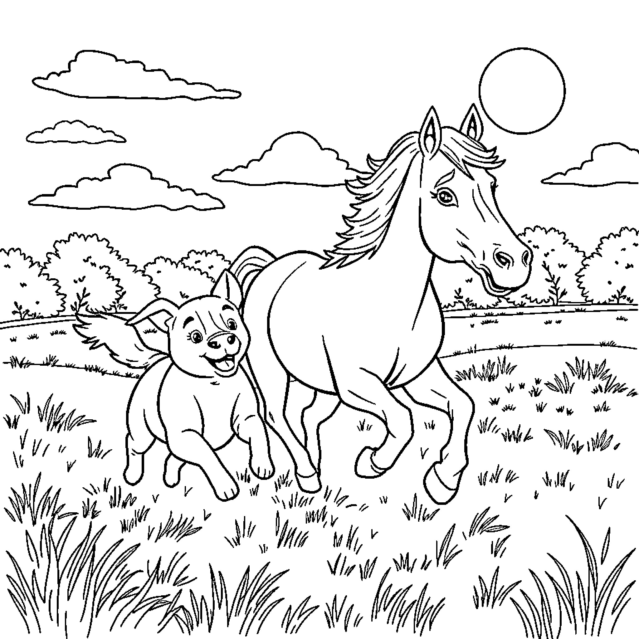 Dog and Horse Running Freely in the Countryside Coloring Page (free black-and-white line drawing printable PDF for all, from beginners to advanced learners, including children, teens, adults, and seniors)