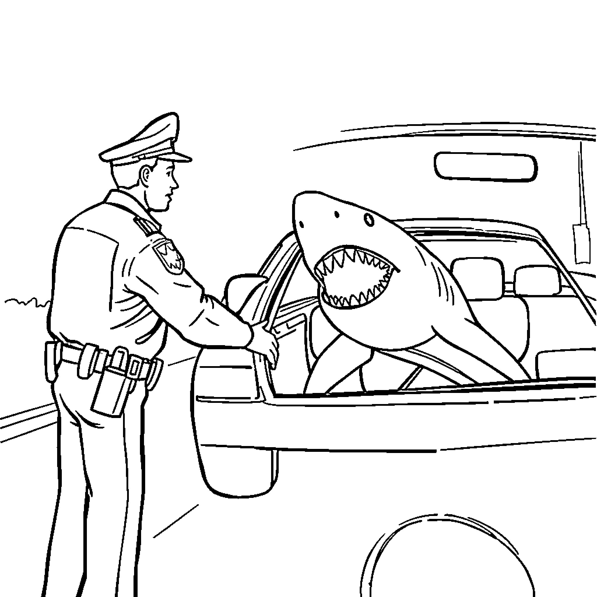 Police Officer Apprehending Shark in Unusual Situation Coloring Page (free black-and-white line drawing printable PDF for all, from beginners to advanced learners, including children, teens, adults, and seniors)