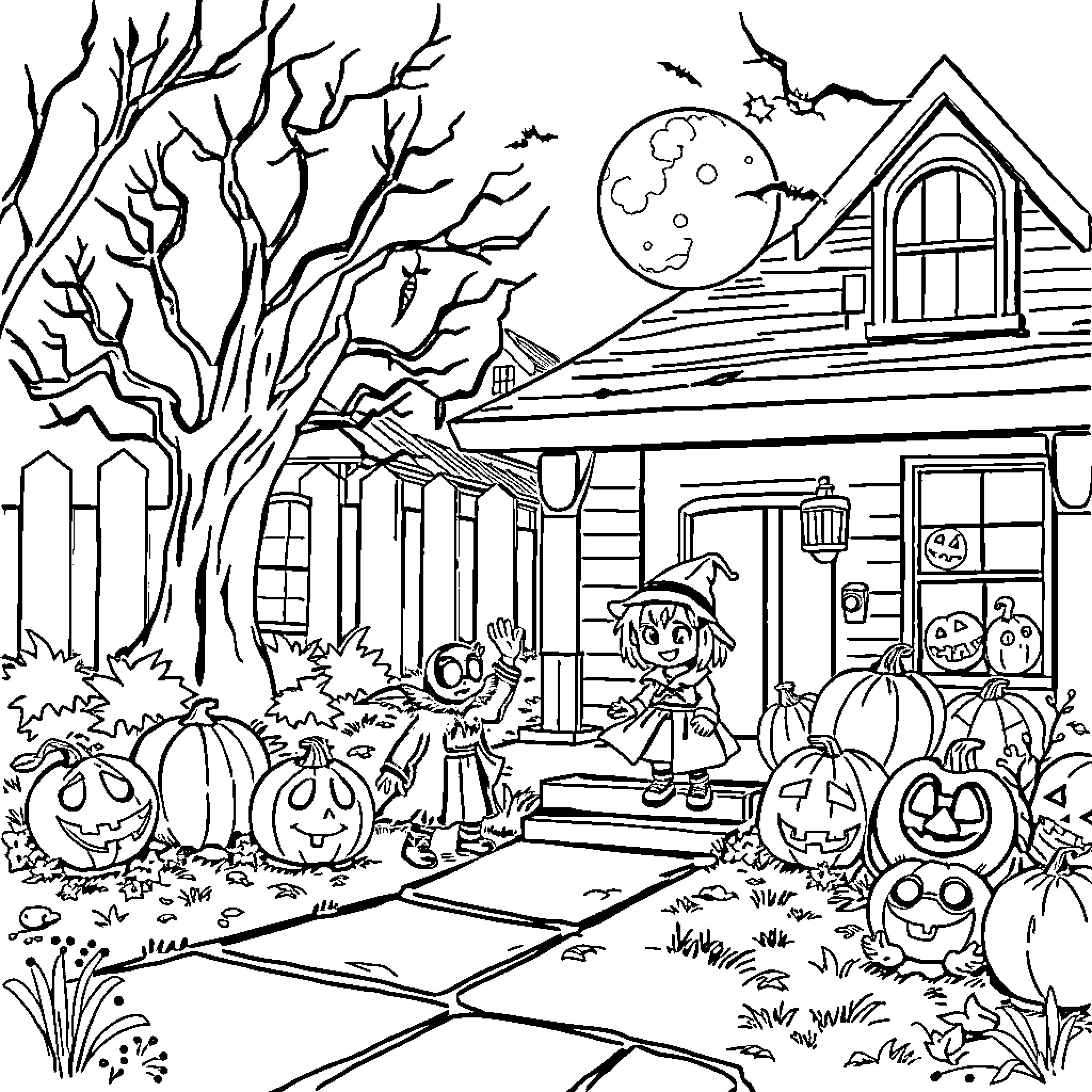 Halloween Night Trick-or-Treating at the Haunted House Coloring Page (free black-and-white line drawing printable PDF for all, from beginners to advanced learners, including children, teens, adults, and seniors)