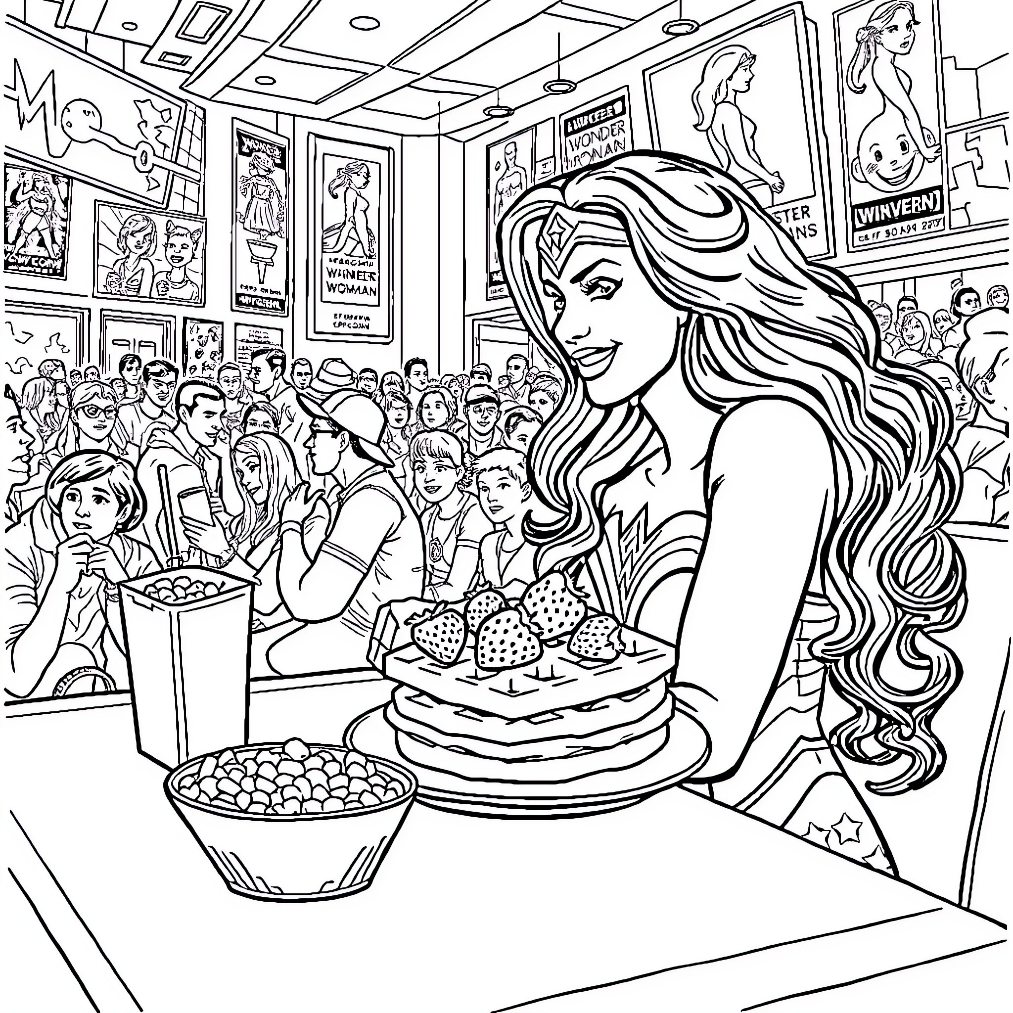 Wonder Woman serving cake and treats to a crowd Coloring Page (free black-and-white line drawing printable PDF for all, from beginners to advanced learners, including children, teens, adults, and seniors)