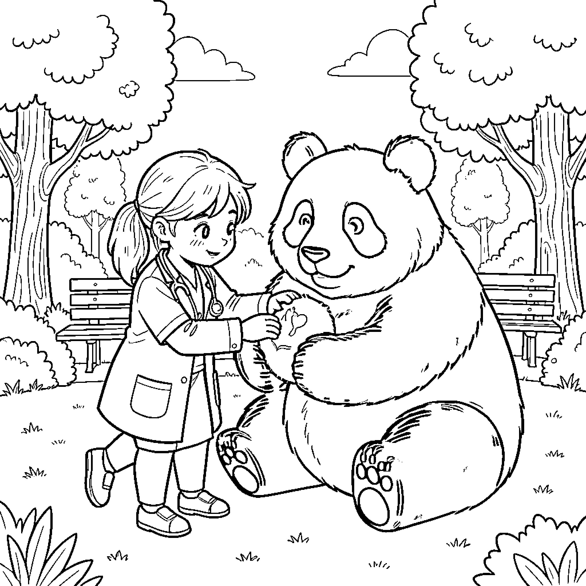 Girl Playing with Friendly Panda in Park Coloring Page (free black-and-white line drawing printable PDF for all, from beginners to advanced learners, including children, teens, adults, and seniors)