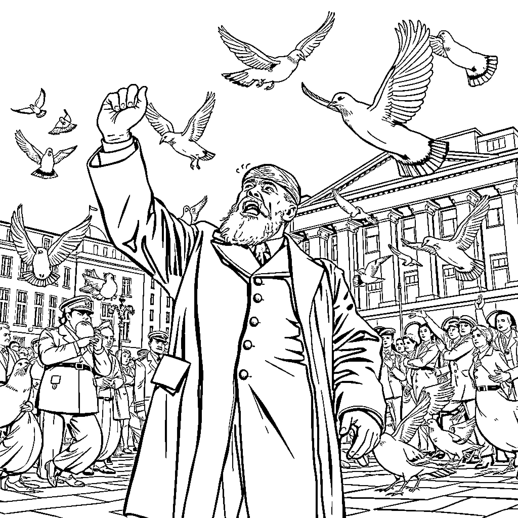 Lenin addressing a crowd with flying doves Coloring Page (free black-and-white line drawing printable PDF for all, from beginners to advanced learners, including children, teens, adults, and seniors)