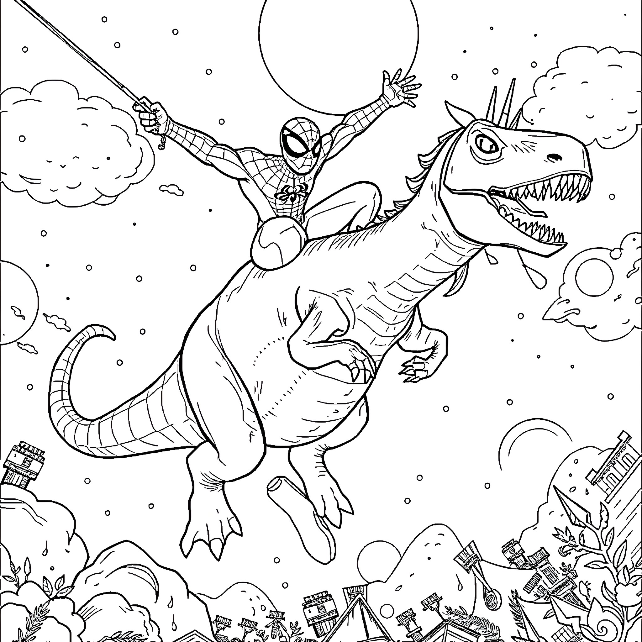 Spiderman riding a fearsome dinosaur in a fantastical scene Coloring Page (free black-and-white line drawing printable PDF for all, from beginners to advanced learners, including children, teens, adults, and seniors)