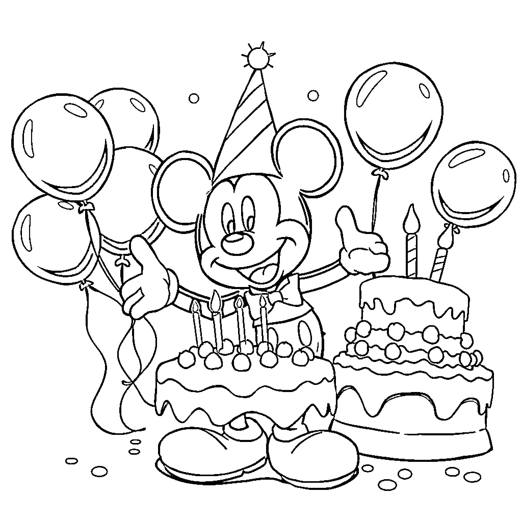 Mickey Mouse Celebrates with Balloons and Birthday Cake Coloring Page (free black-and-white line drawing printable PDF for all, from beginners to advanced learners, including children, teens, adults, and seniors)