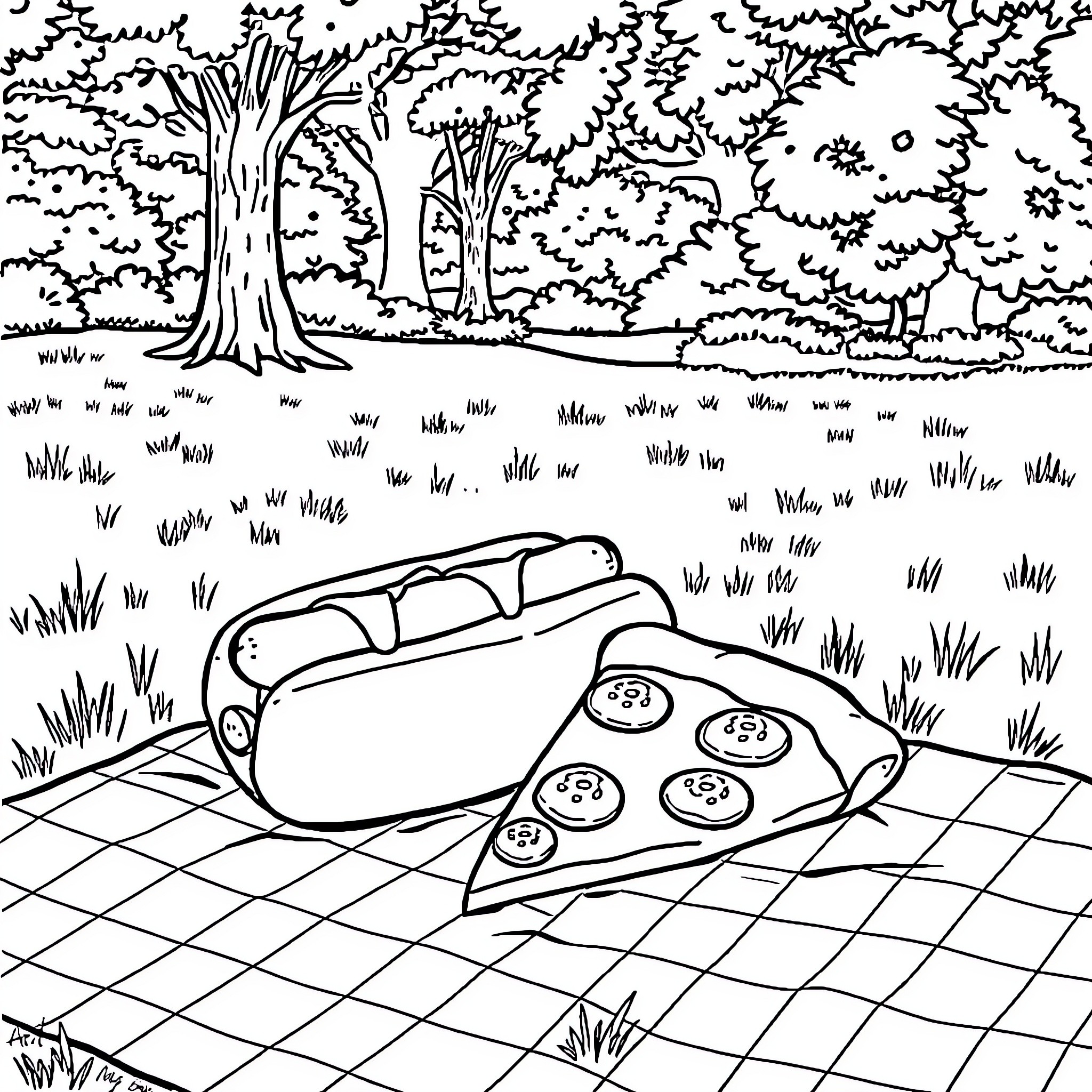 Hotdog picnic in the park Coloring Page (free black-and-white line drawing printable PDF for all, from beginners to advanced learners, including children, teens, adults, and seniors)