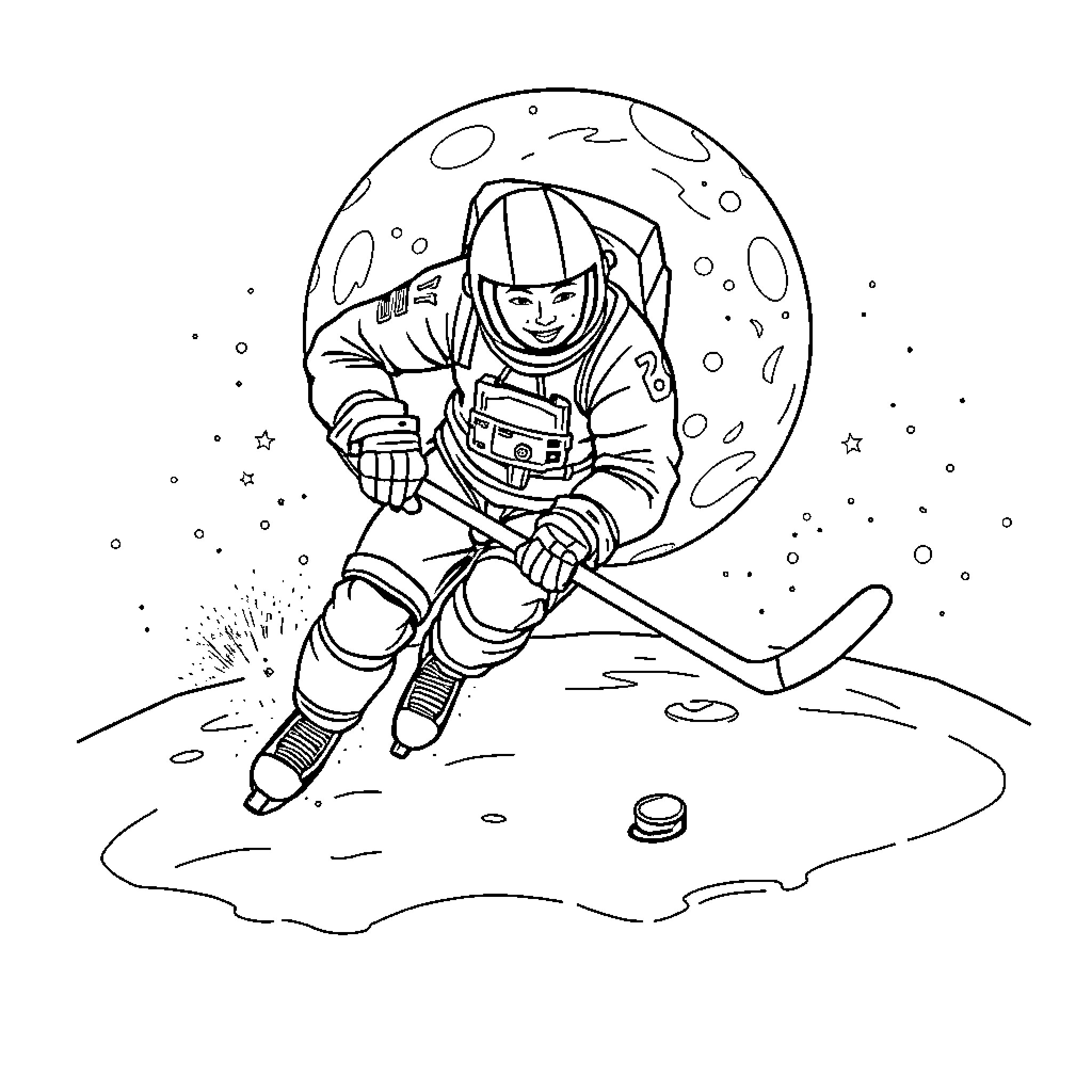 Hockey Player in Outer Space Coloring Page (free black-and-white line drawing printable PDF for all, from beginners to advanced learners, including children, teens, adults, and seniors)