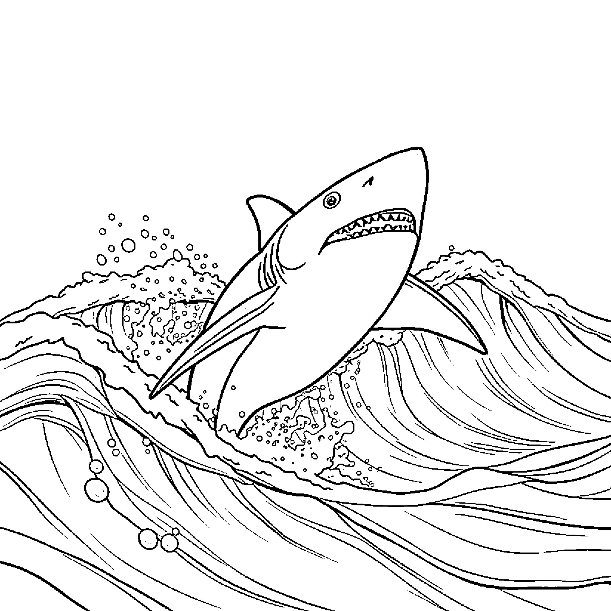 Shark swimming in the ocean Coloring Page (free black-and-white line drawing printable PDF for all, from beginners to advanced learners, including children, teens, adults, and seniors)