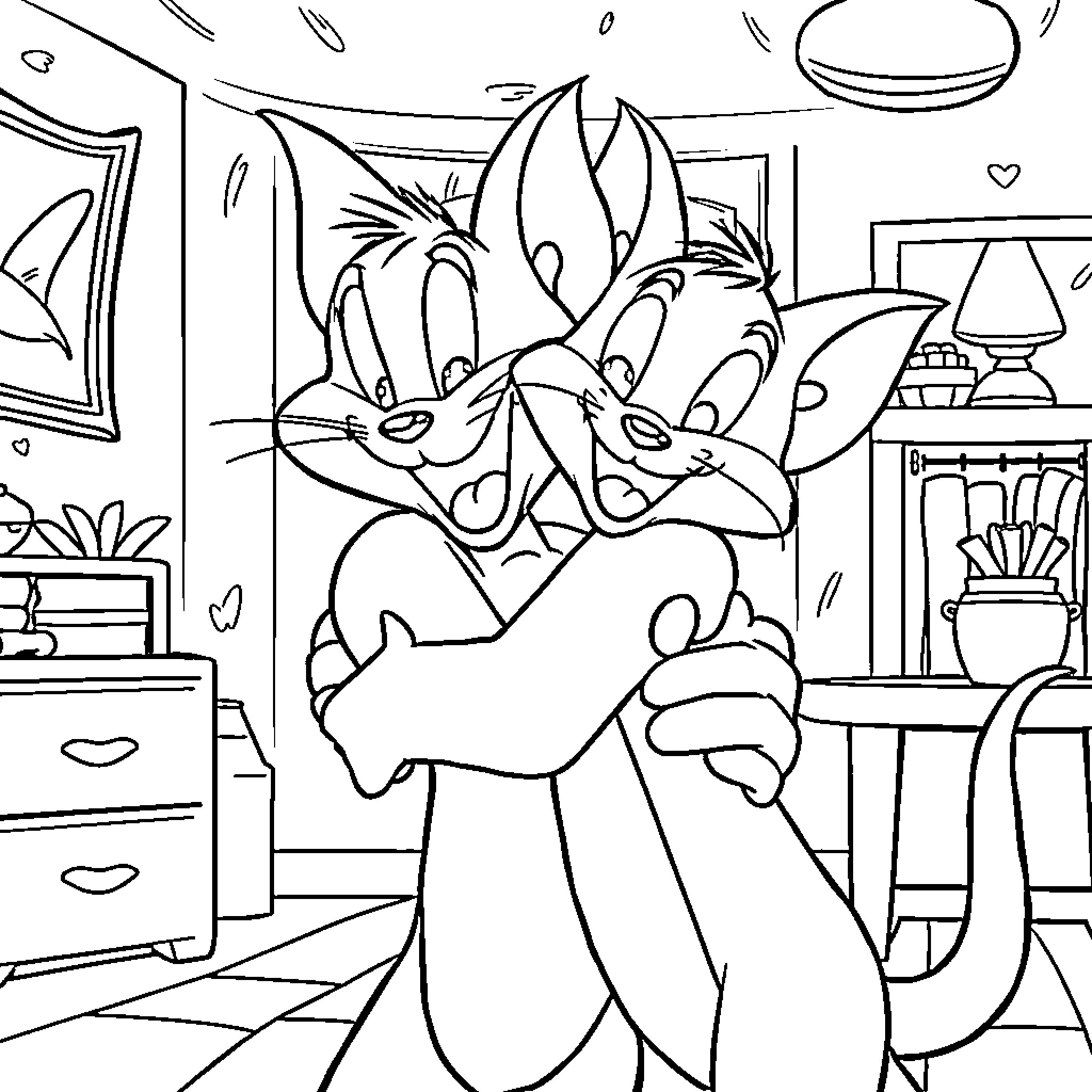 Tom and Jerry playing mischievously in a room Coloring Page (free black-and-white line drawing printable PDF for all, from beginners to advanced learners, including children, teens, adults, and seniors)