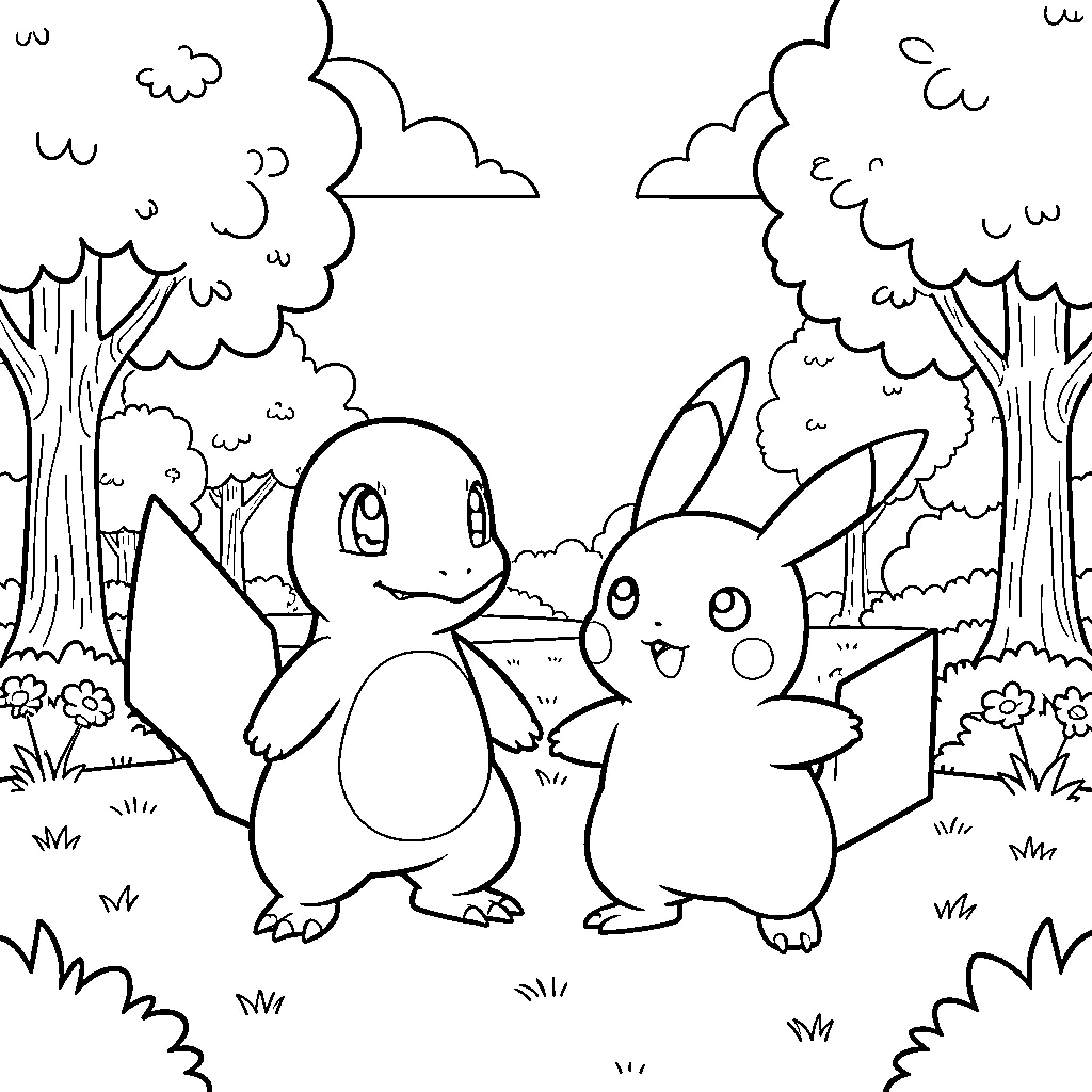 Charmander and Pikachu exploring the forest Coloring Page (free black-and-white line drawing printable PDF for all, from beginners to advanced learners, including children, teens, adults, and seniors)