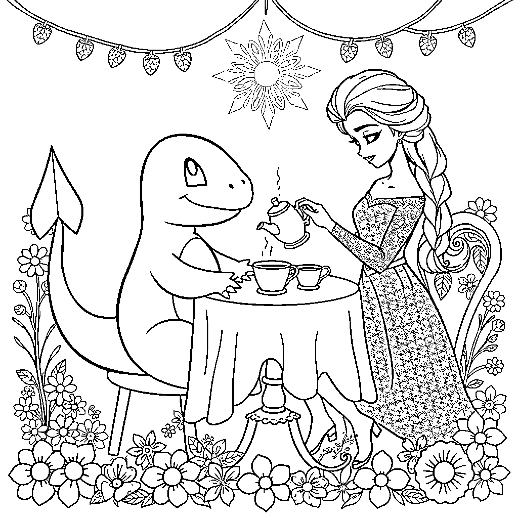 Charmander having tea with a friendly princess Coloring Page (free black-and-white line drawing printable PDF for all, from beginners to advanced learners, including children, teens, adults, and seniors)