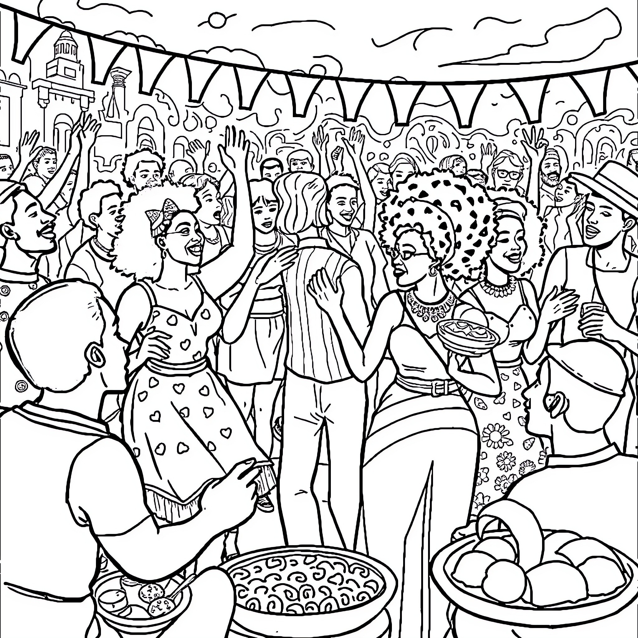 Juneteenth Celebration with Diverse Crowd and Festivities Coloring Page (free black-and-white line drawing printable PDF for all, from beginners to advanced learners, including children, teens, adults, and seniors)
