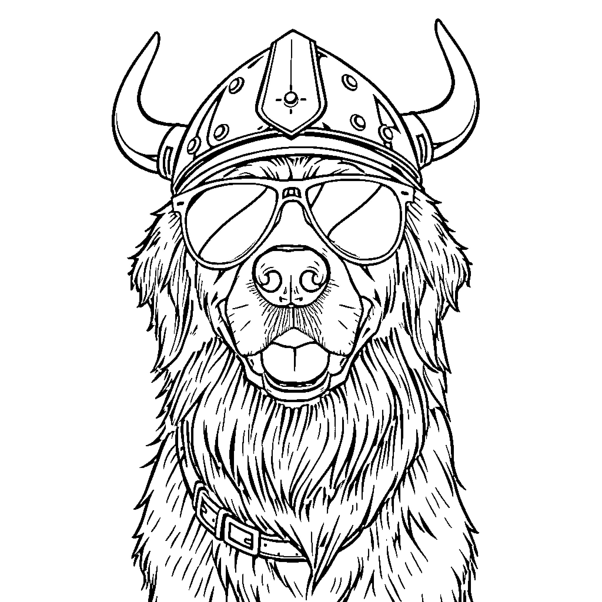Golden Retriever wearing Viking helmet and sunglasses Coloring Page (free black-and-white line drawing printable PDF for all, from beginners to advanced learners, including children, teens, adults, and seniors)
