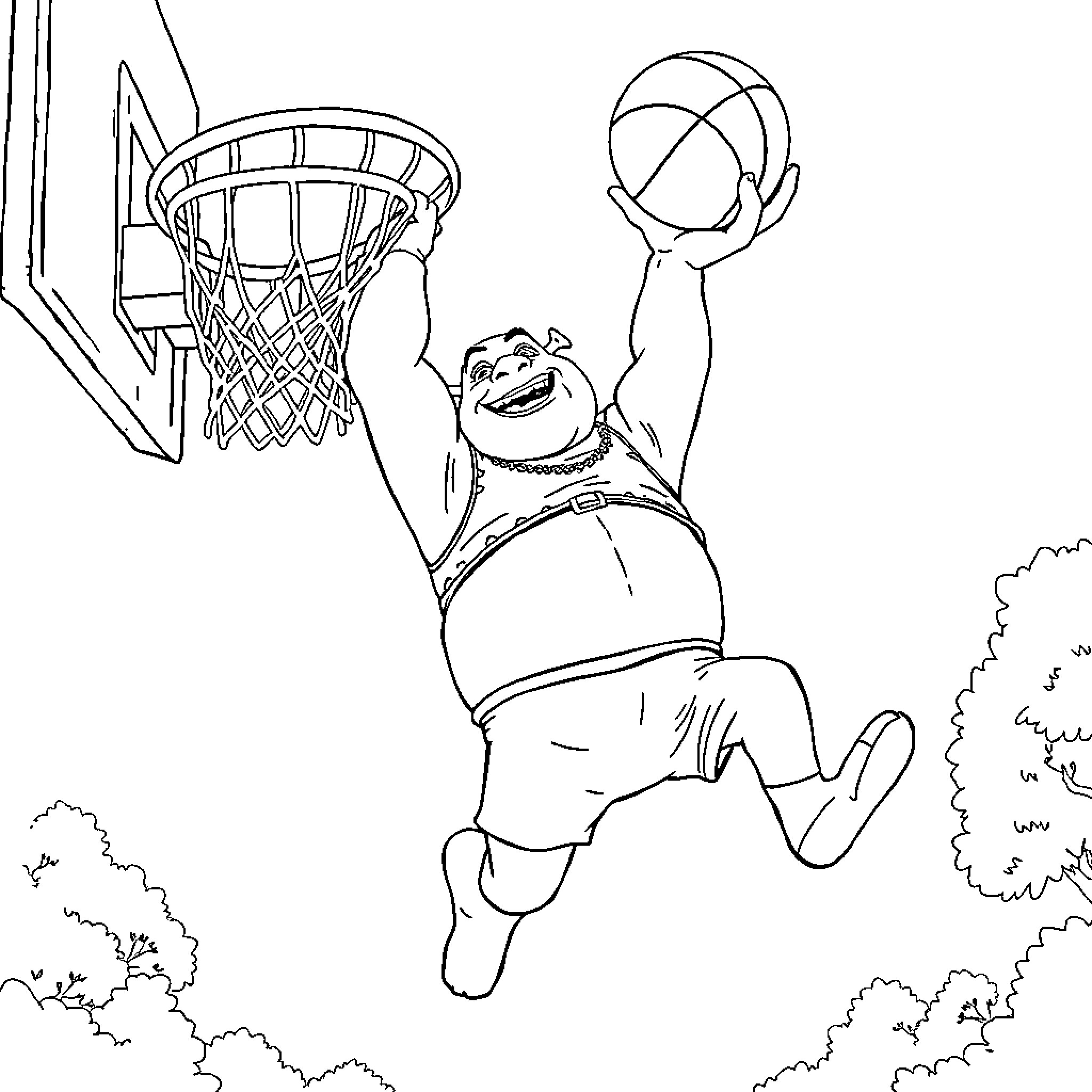 Shrek playing basketball with joy and energy Coloring Page (free black-and-white line drawing printable PDF for all, from beginners to advanced learners, including children, teens, adults, and seniors)