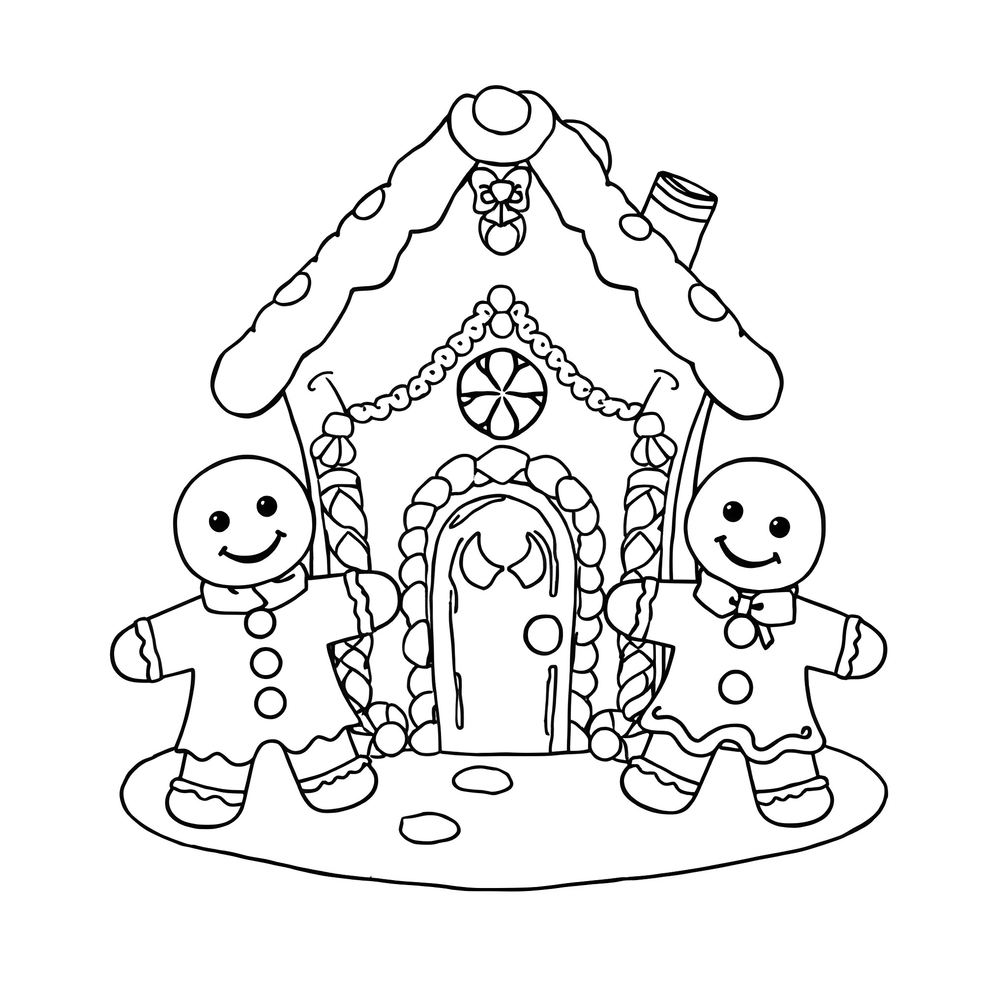 Gingerbread House with Smiling Gingerbread People Coloring Page (free black-and-white line drawing printable PDF for all, from beginners to advanced learners, including children, teens, adults, and seniors)