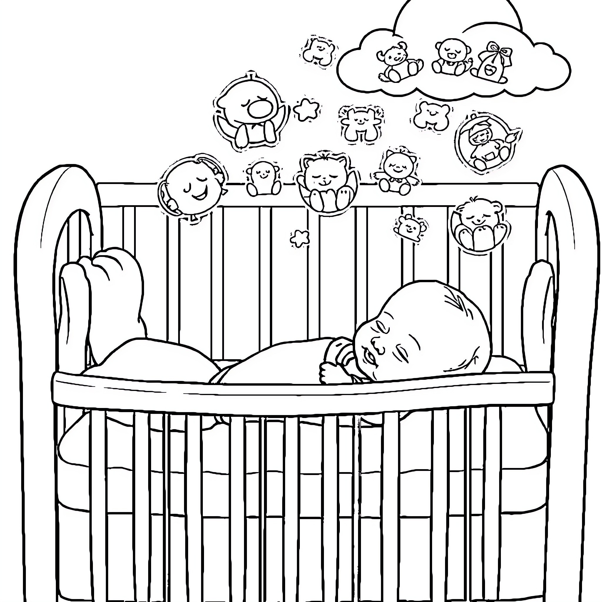 Baby sleeping peacefully in crib with stuffed animals Coloring Page (free black-and-white line drawing printable PDF for all, from beginners to advanced learners, including children, teens, adults, and seniors)