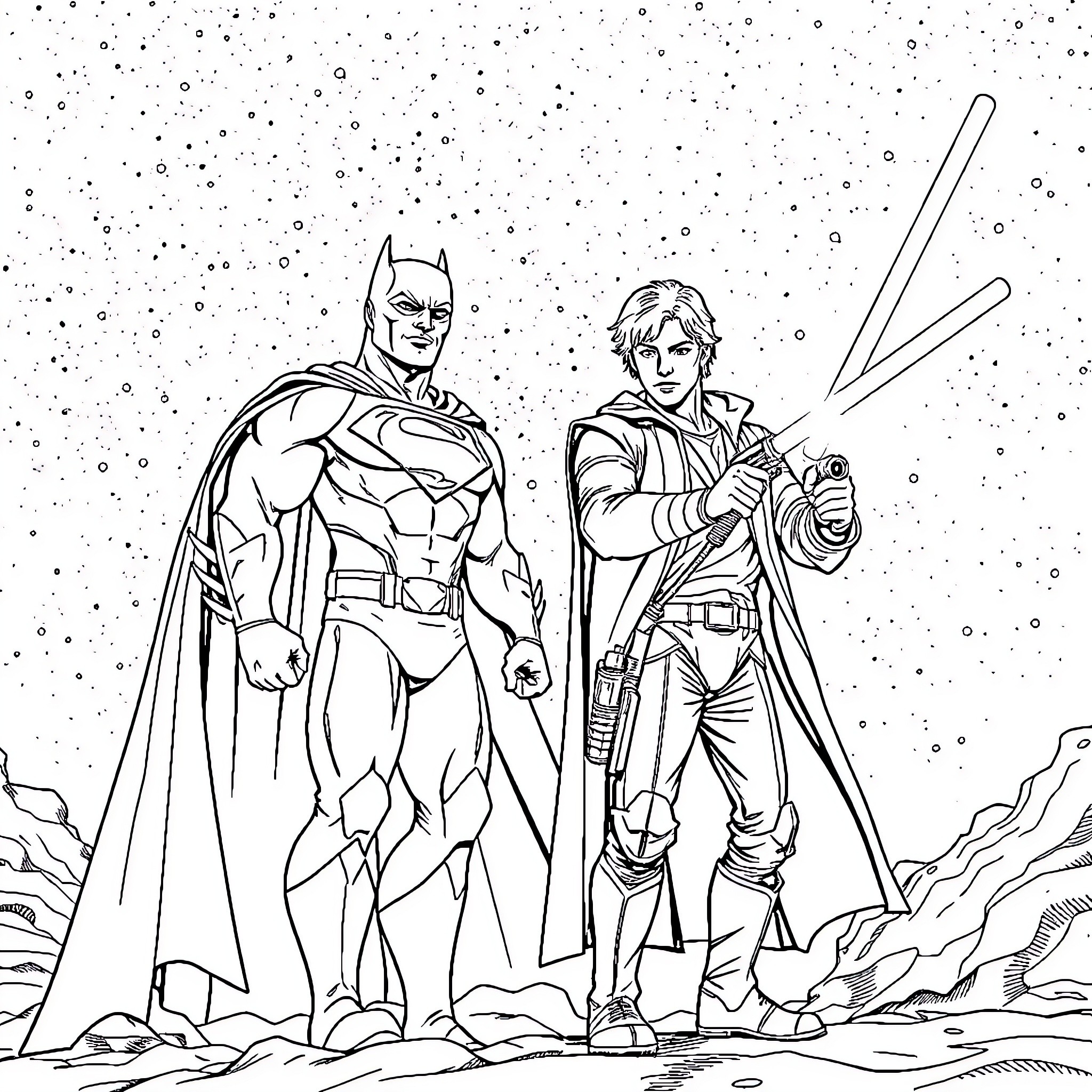 Superhero duo facing galactic challenges Coloring Page (free black-and-white line drawing printable PDF for all, from beginners to advanced learners, including children, teens, adults, and seniors)