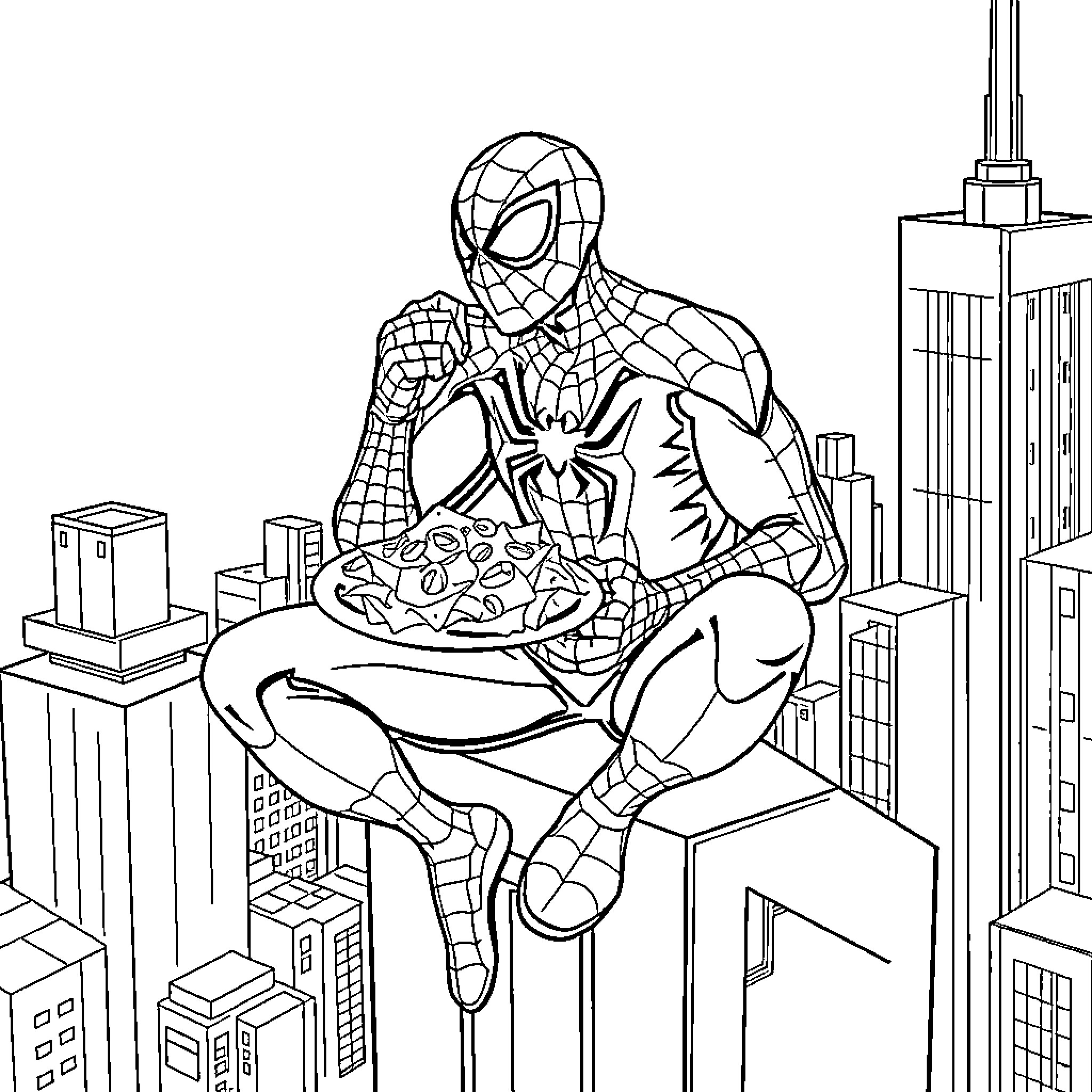 Spiderman enjoys a meal on a city skyline Coloring Page (free black-and-white line drawing printable PDF for all, from beginners to advanced learners, including children, teens, adults, and seniors)