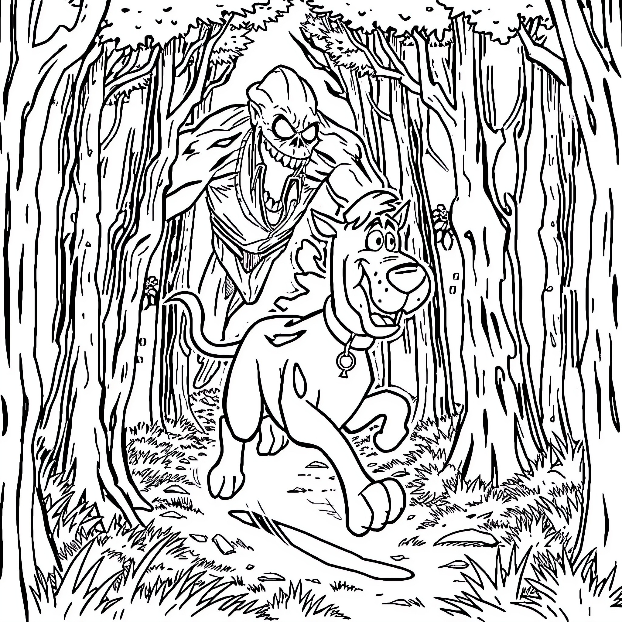 Scooby Doo and the Spooky Forest Adventure Coloring Page (free black-and-white line drawing printable PDF for all, from beginners to advanced learners, including children, teens, adults, and seniors)