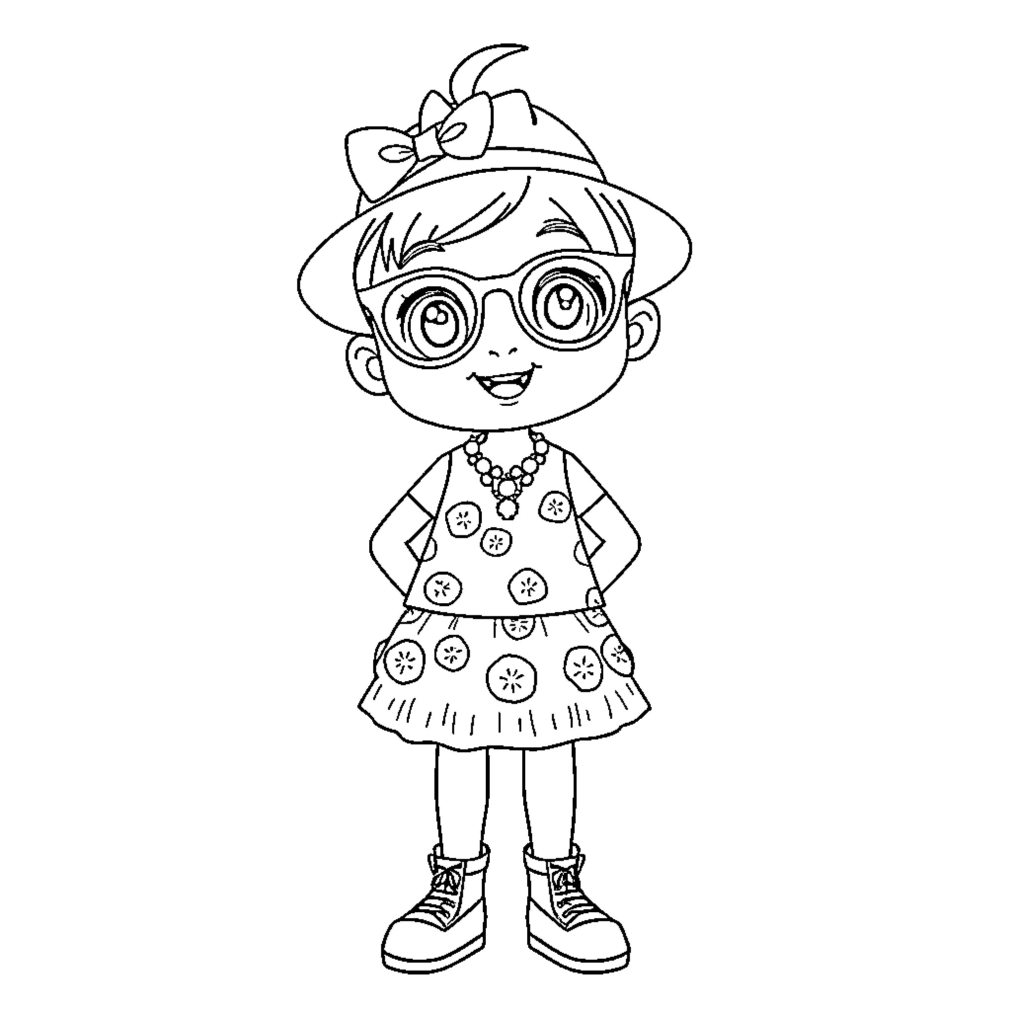 Toca Boca Girl with Glasses and Polka Dot Outfit Coloring Page (free black-and-white line drawing printable PDF for all, from beginners to advanced learners, including children, teens, adults, and seniors)