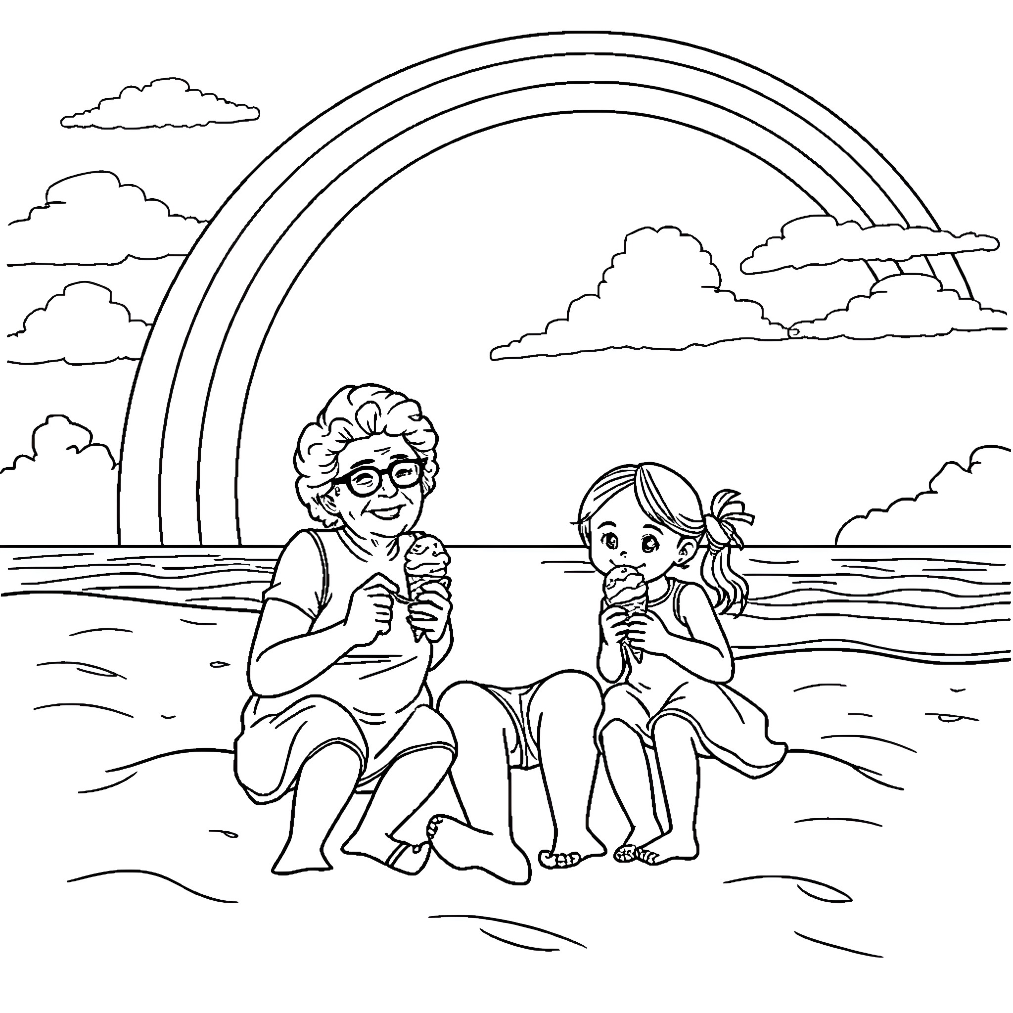 Beach scene with two people enjoying ice cream Coloring Page (free black-and-white line drawing printable PDF for all, from beginners to advanced learners, including children, teens, adults, and seniors)