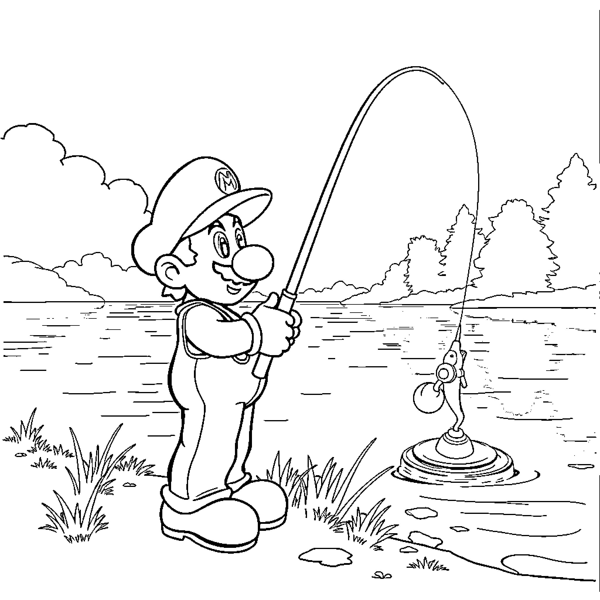 Mario Fishing by the Lakeside Coloring Page (free black-and-white line drawing printable PDF for all, from beginners to advanced learners, including children, teens, adults, and seniors)