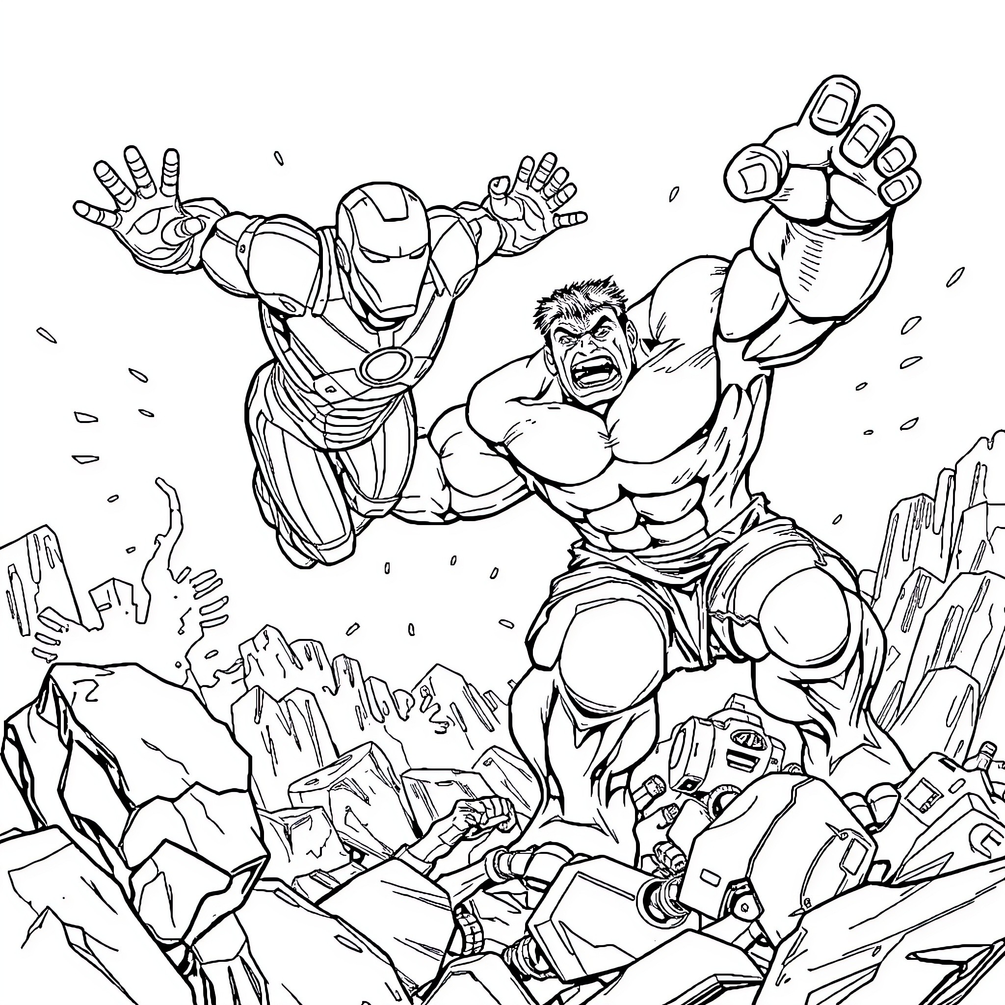 Iron Man and Hulk battling in an epic superhero showdown Coloring Page (free black-and-white line drawing printable PDF for all, from beginners to advanced learners, including children, teens, adults, and seniors)