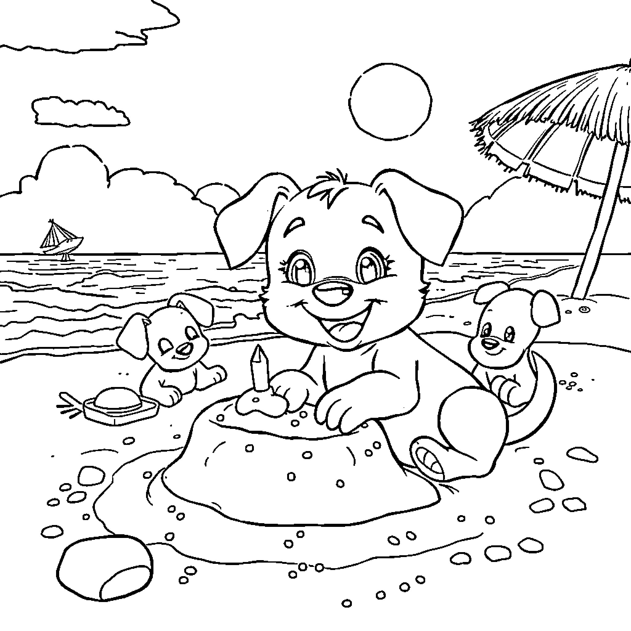 Bluey's beachside adventure with friends Coloring Page (free black-and-white line drawing printable PDF for all, from beginners to advanced learners, including children, teens, adults, and seniors)