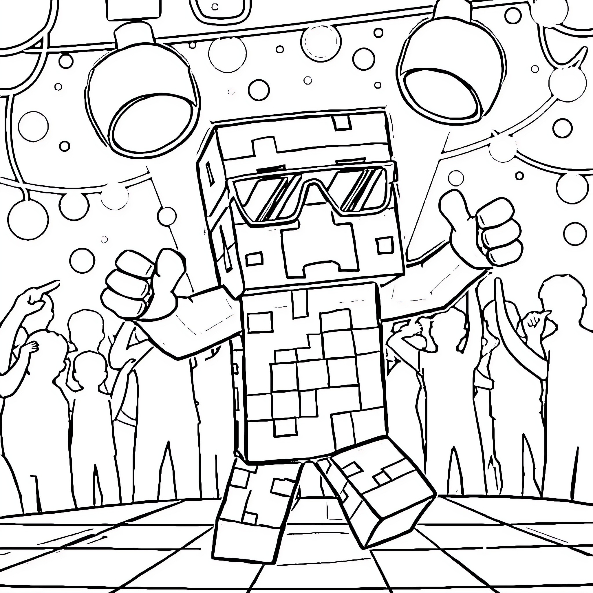 Creeper dancing among a crowd of people Coloring Page (free black-and-white line drawing printable PDF for all, from beginners to advanced learners, including children, teens, adults, and seniors)