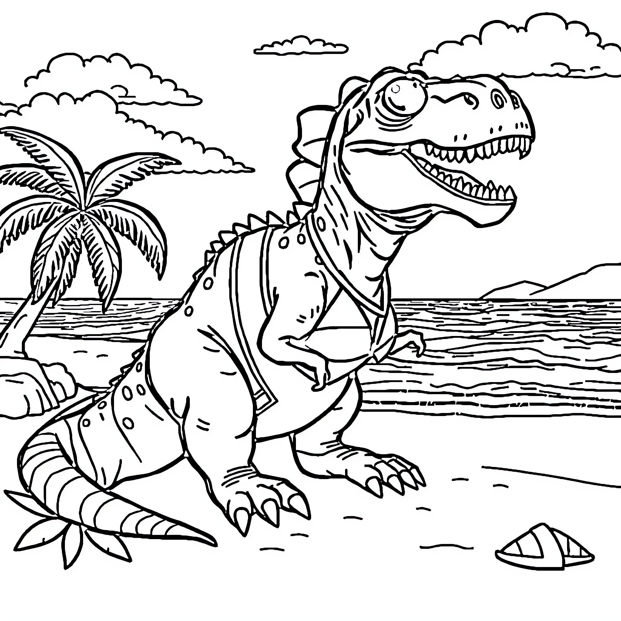 Dinosaur roaming prehistoric beach landscape Coloring Page (free black-and-white line drawing printable PDF for all, from beginners to advanced learners, including children, teens, adults, and seniors)