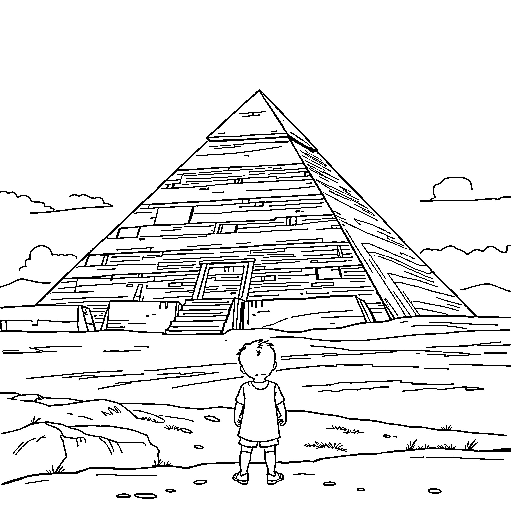 Child exploring ancient Egyptian pyramid Coloring Page (free black-and-white line drawing printable PDF for all, from beginners to advanced learners, including children, teens, adults, and seniors)