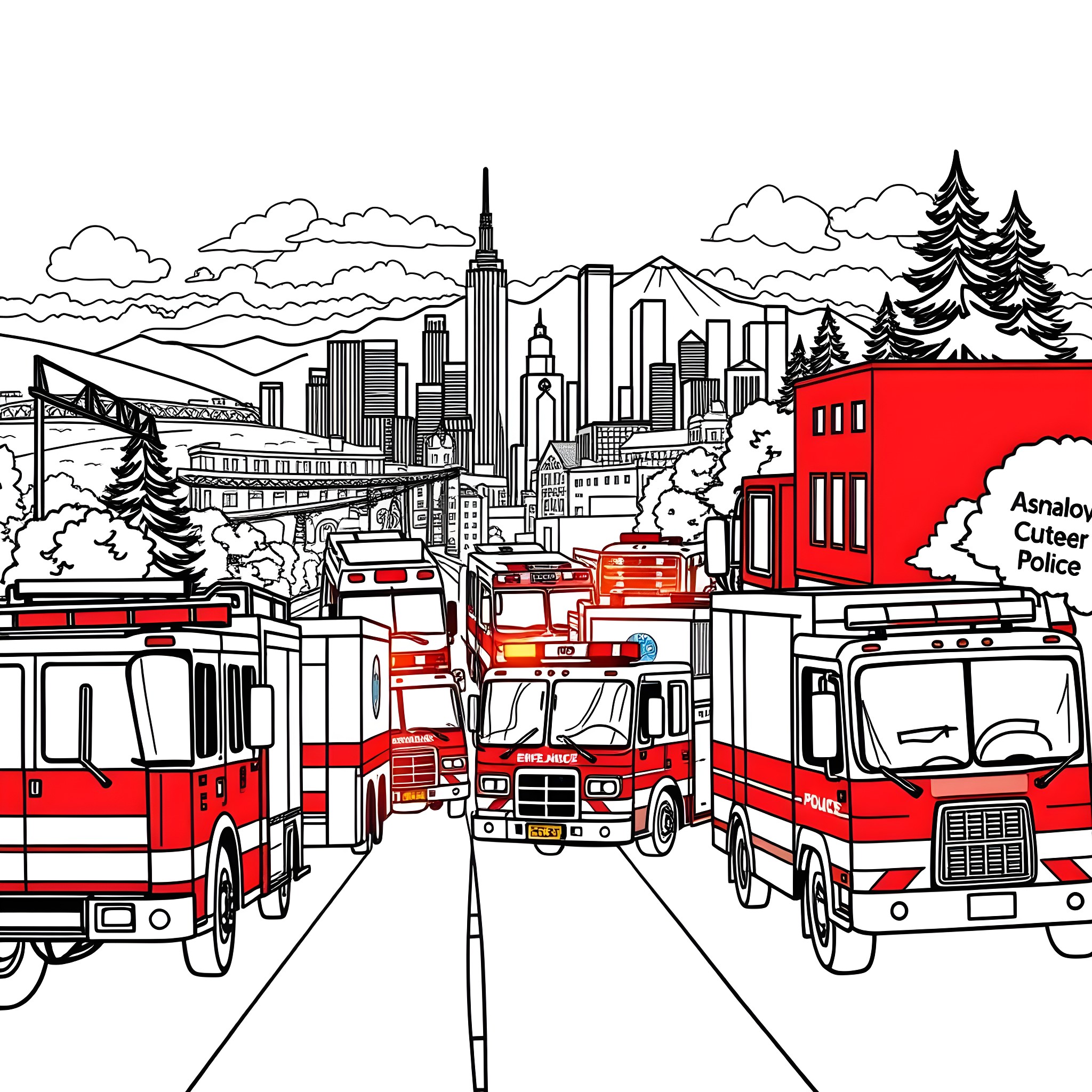 Emergency Vehicle Responding to Citywide Incident Coloring Page (free black-and-white line drawing printable PDF for all, from beginners to advanced learners, including children, teens, adults, and seniors)