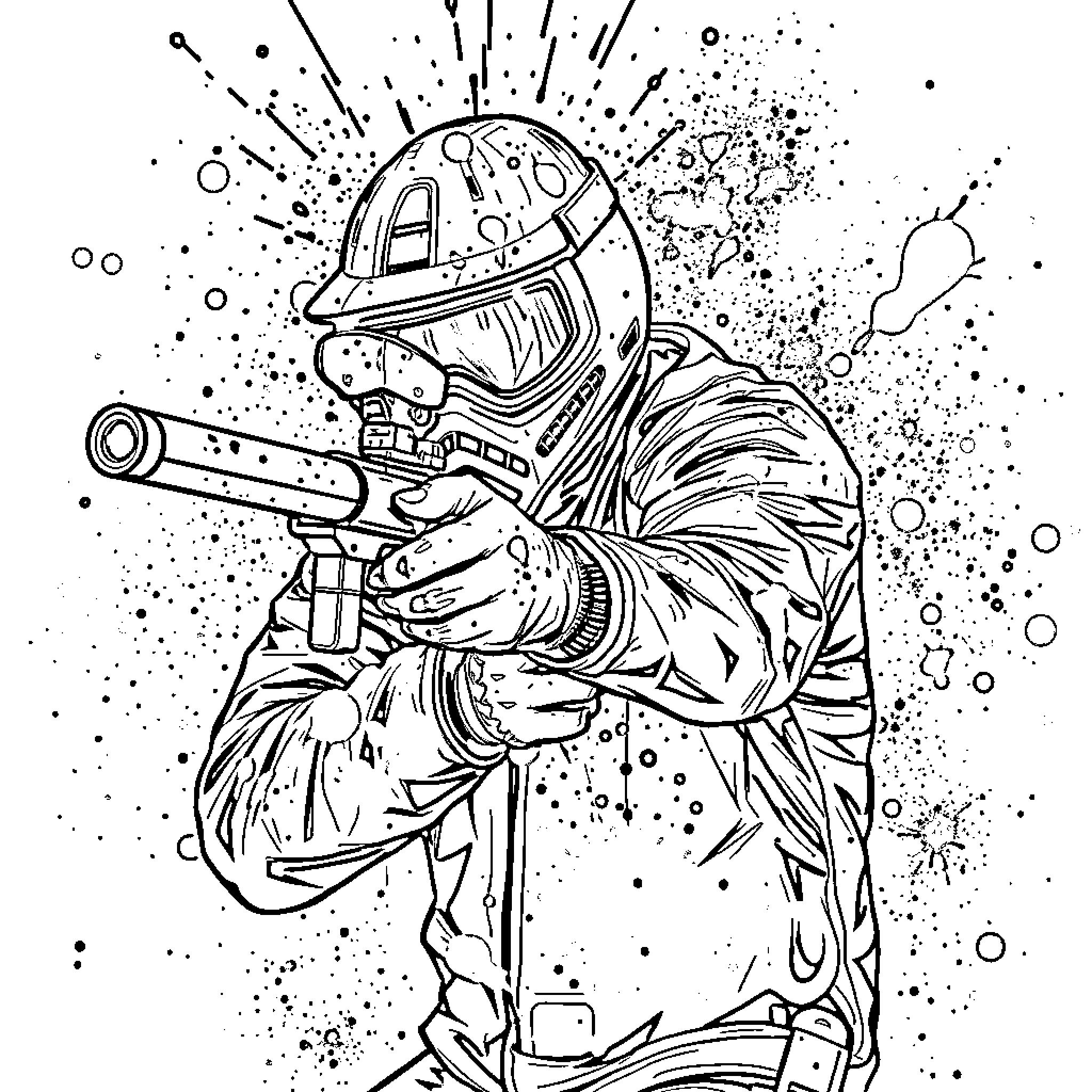 Paintball Player in Action Amid Explosive Backdrop Coloring Page (free black-and-white line drawing printable PDF for all, from beginners to advanced learners, including children, teens, adults, and seniors)
