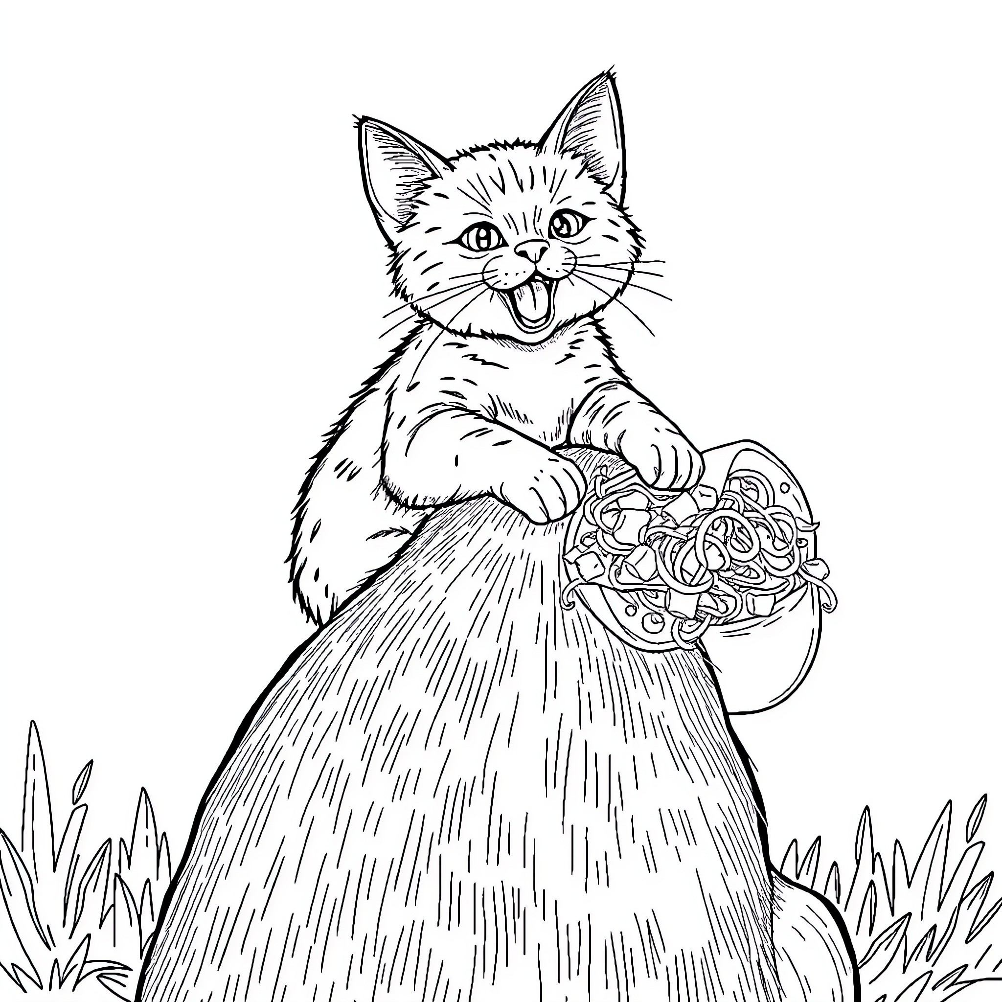 Cat Holding Basket of Flowers in Field Coloring Page (free black-and-white line drawing printable PDF for all, from beginners to advanced learners, including children, teens, adults, and seniors)