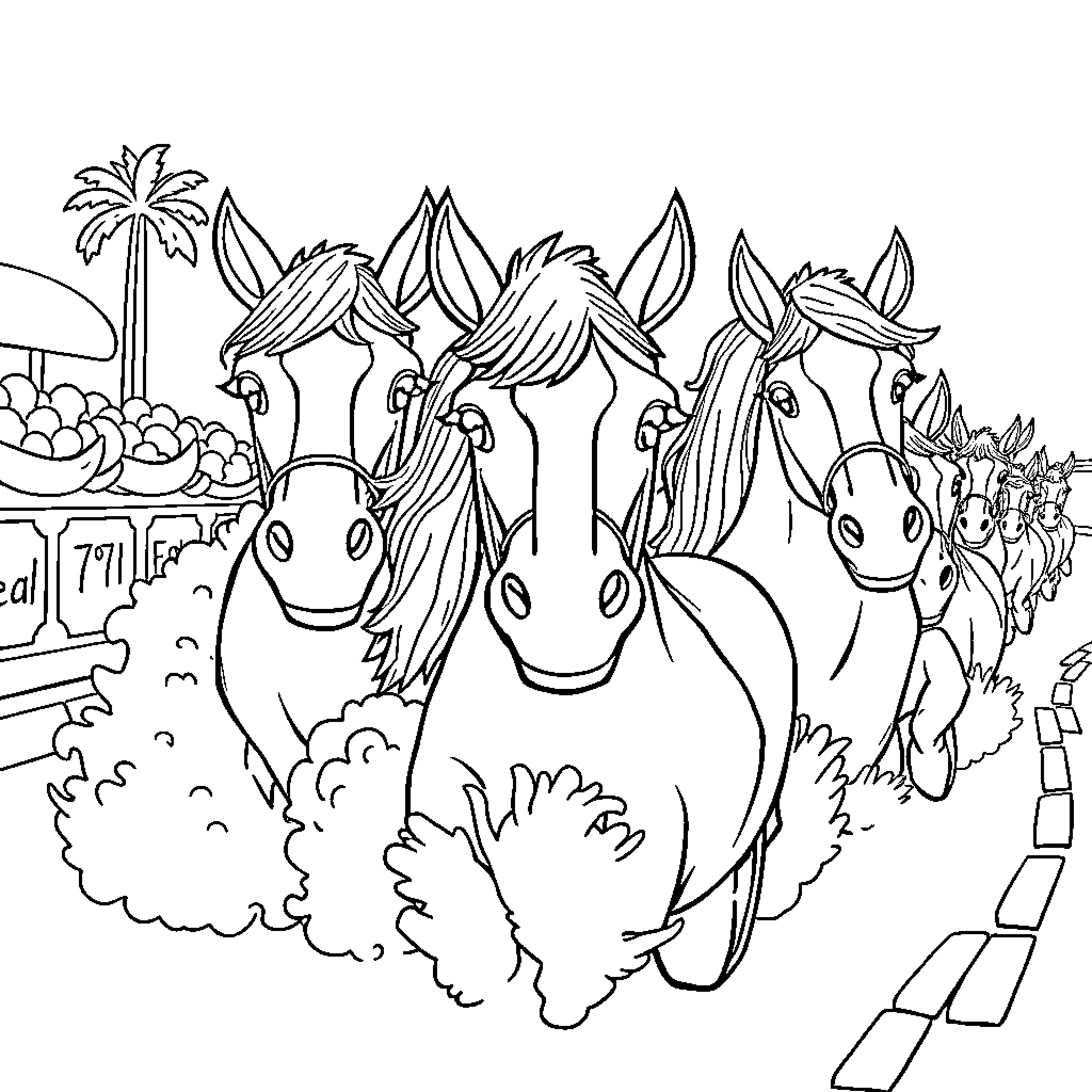 Car carrying horses in a scenic landscape Coloring Page (free black-and-white line drawing printable PDF for all, from beginners to advanced learners, including children, teens, adults, and seniors)