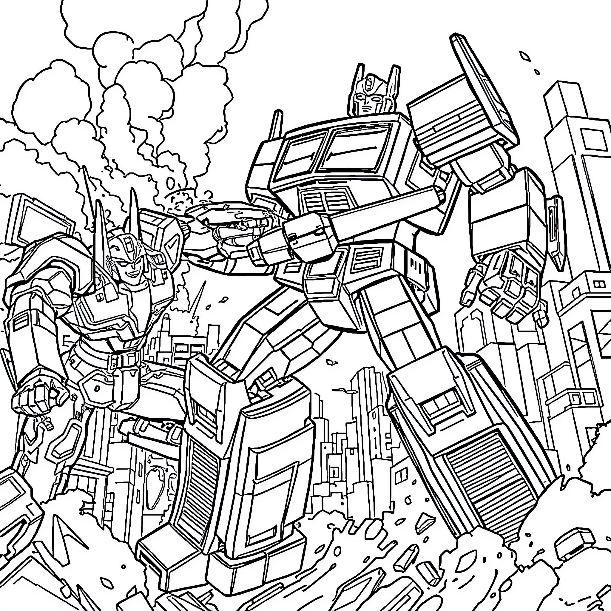 Optimus Prime leading the Autobots in an epic battle Coloring Page (free black-and-white line drawing printable PDF for all, from beginners to advanced learners, including children, teens, adults, and seniors)