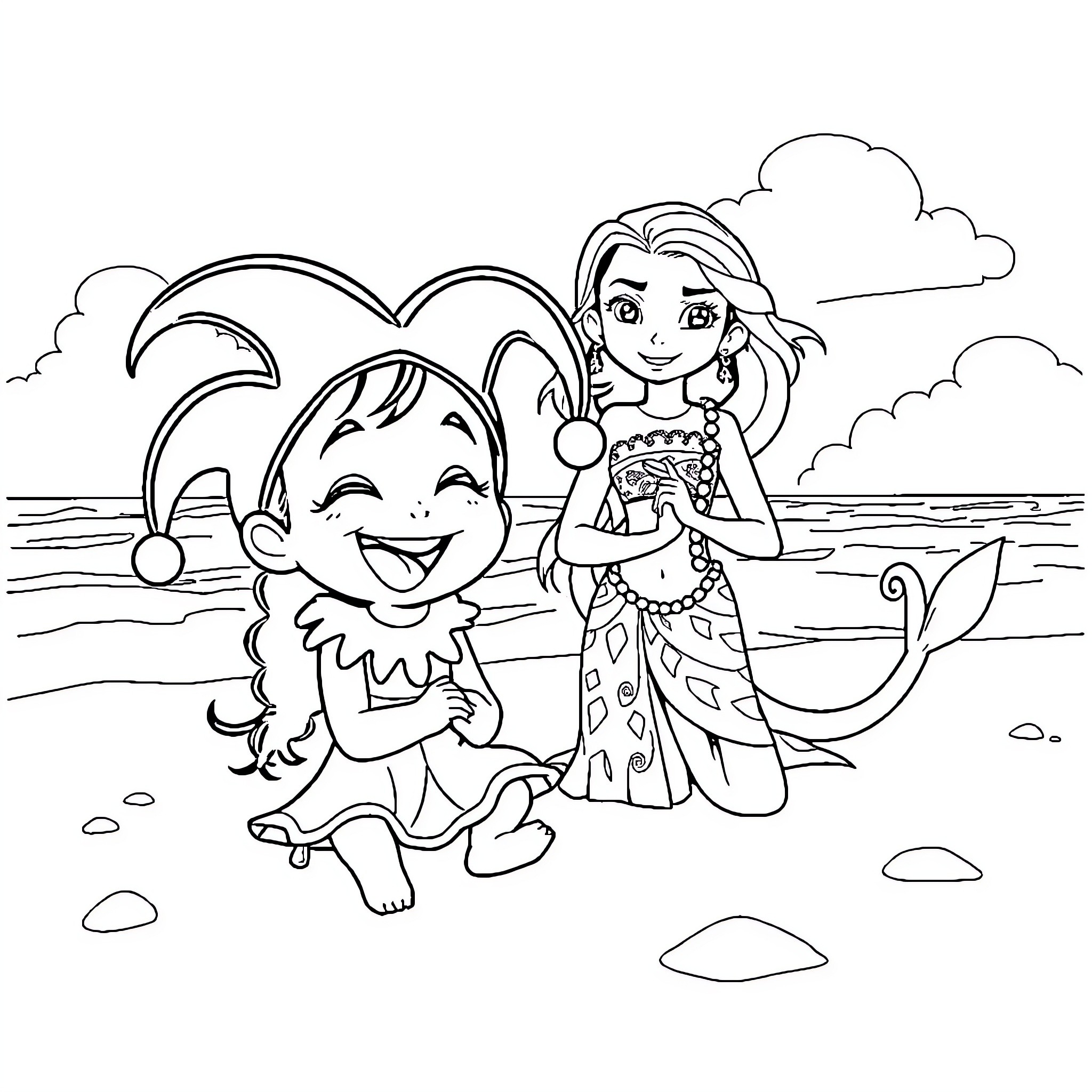 Kuromi and friend enjoying the beach Coloring Page (free black-and-white line drawing printable PDF for all, from beginners to advanced learners, including children, teens, adults, and seniors)