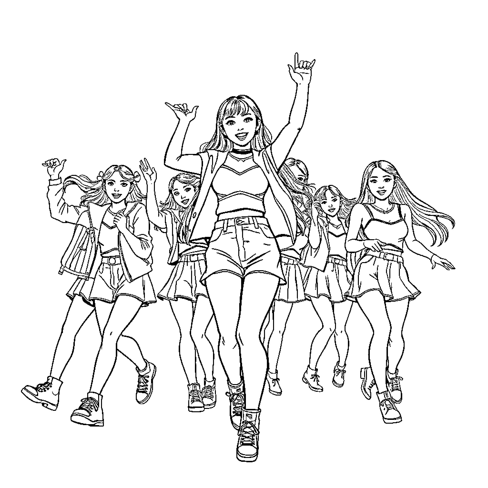 Rumi and her dancing girl friends in vibrant outfits Coloring Page (free black-and-white line drawing printable PDF for all, from beginners to advanced learners, including children, teens, adults, and seniors)