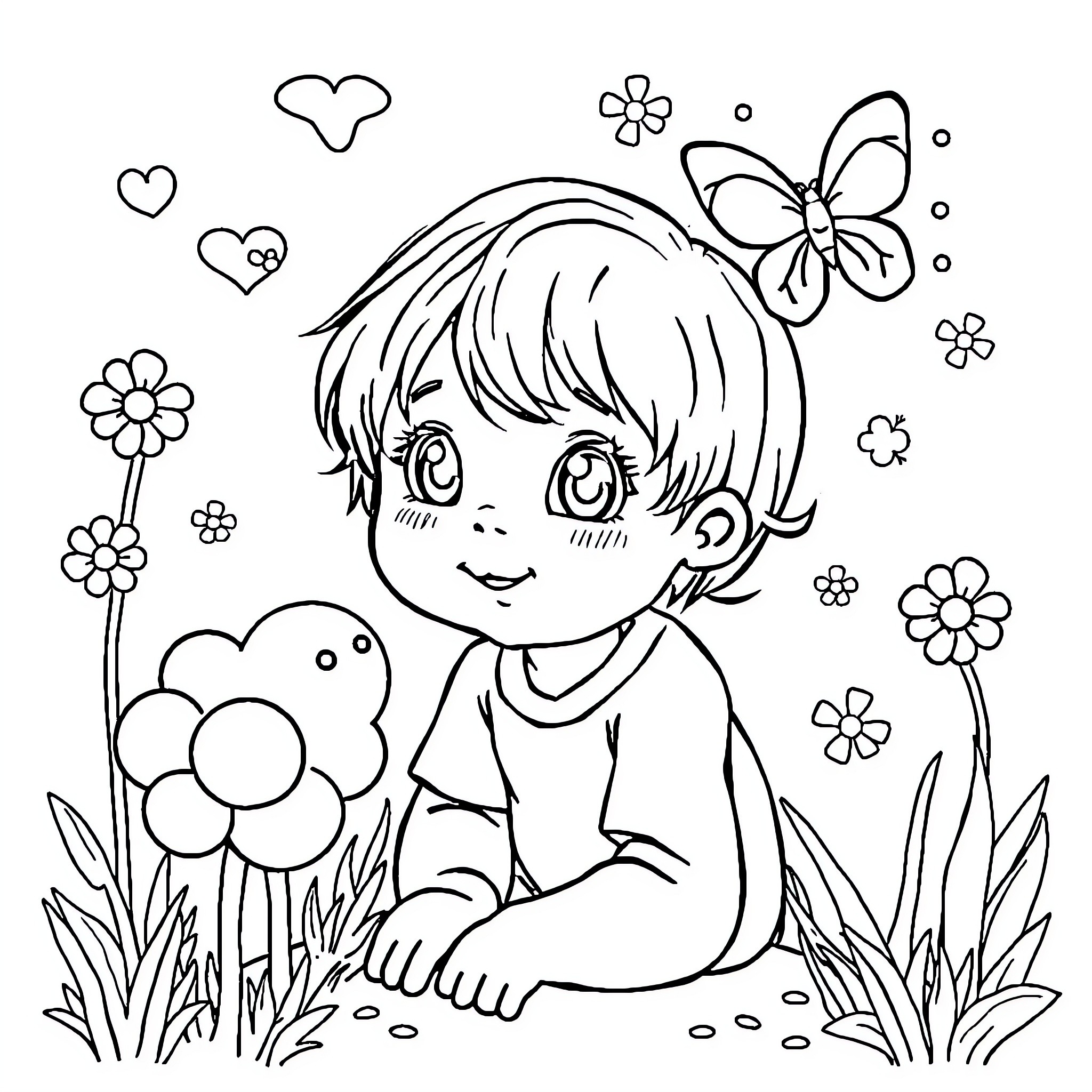 Drawing of a Girl Playing in a Floral Garden Coloring Page (free black-and-white line drawing printable PDF for all, from beginners to advanced learners, including children, teens, adults, and seniors)