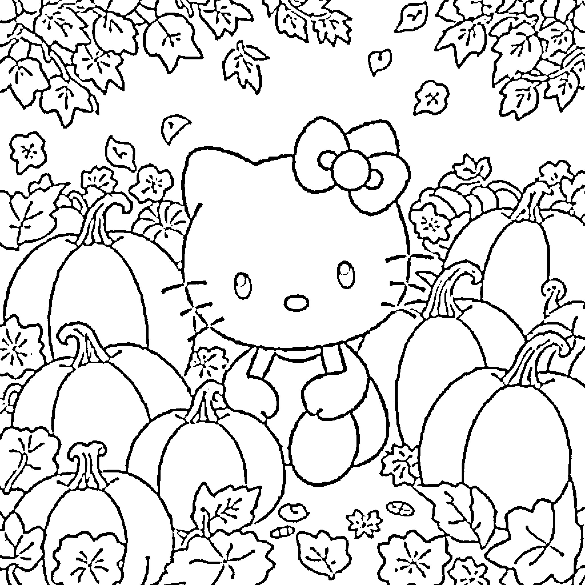 Hello Kitty amidst Autumn Leaves and Pumpkins Coloring Page (free black-and-white line drawing printable PDF for all, from beginners to advanced learners, including children, teens, adults, and seniors)