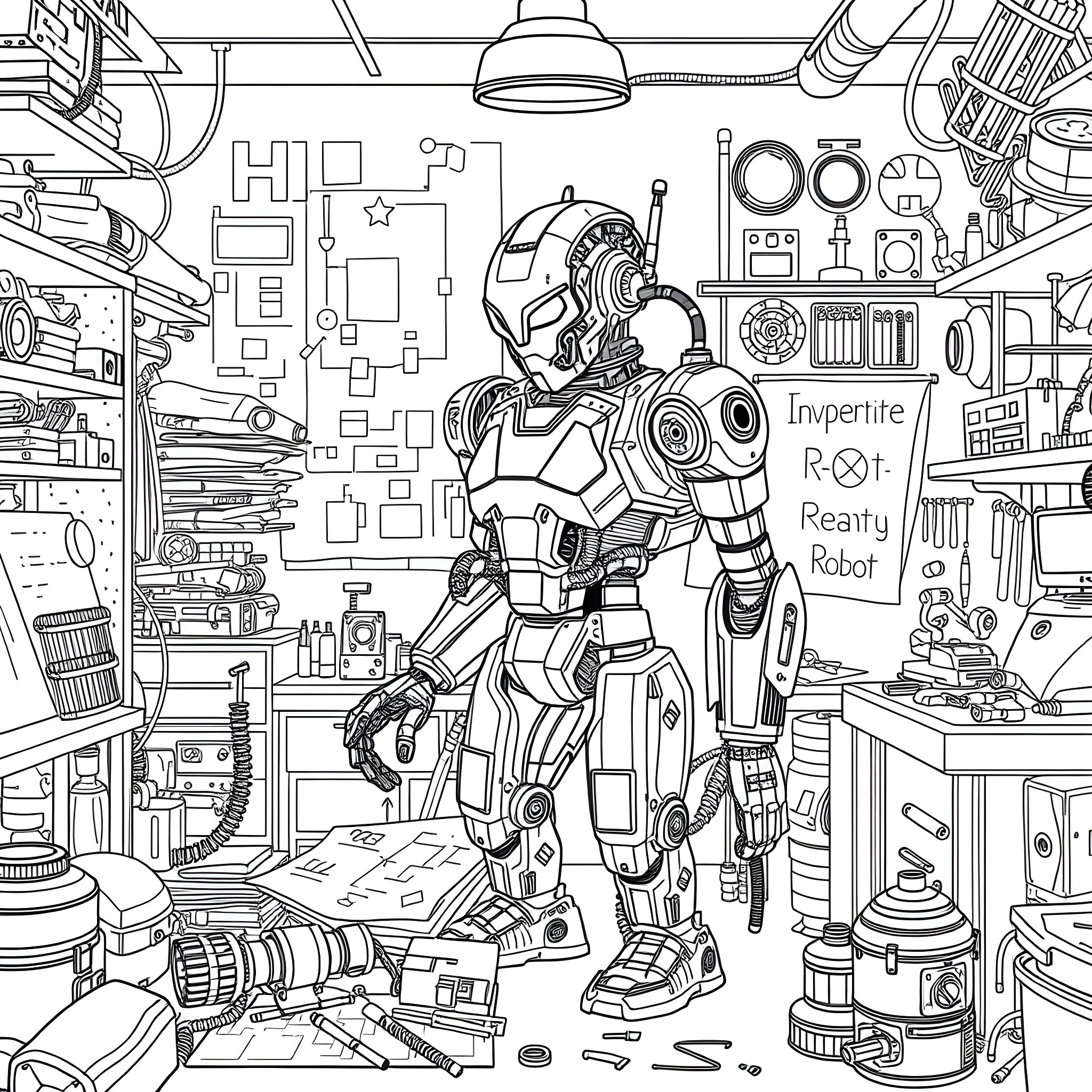 Inventor constructing a robotic assistant in a workshop Coloring Page (free black-and-white line drawing printable PDF for all, from beginners to advanced learners, including children, teens, adults, and seniors)