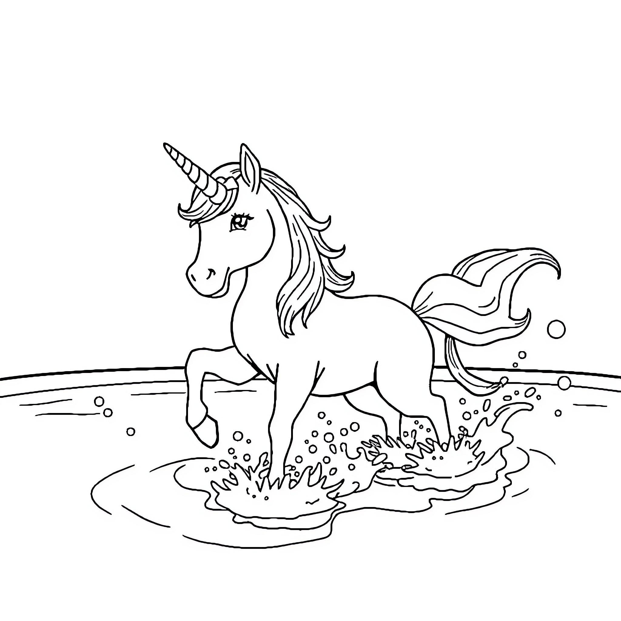 Unicorn frolicking in the enchanted waters Coloring Page (free black-and-white line drawing printable PDF for all, from beginners to advanced learners, including children, teens, adults, and seniors)