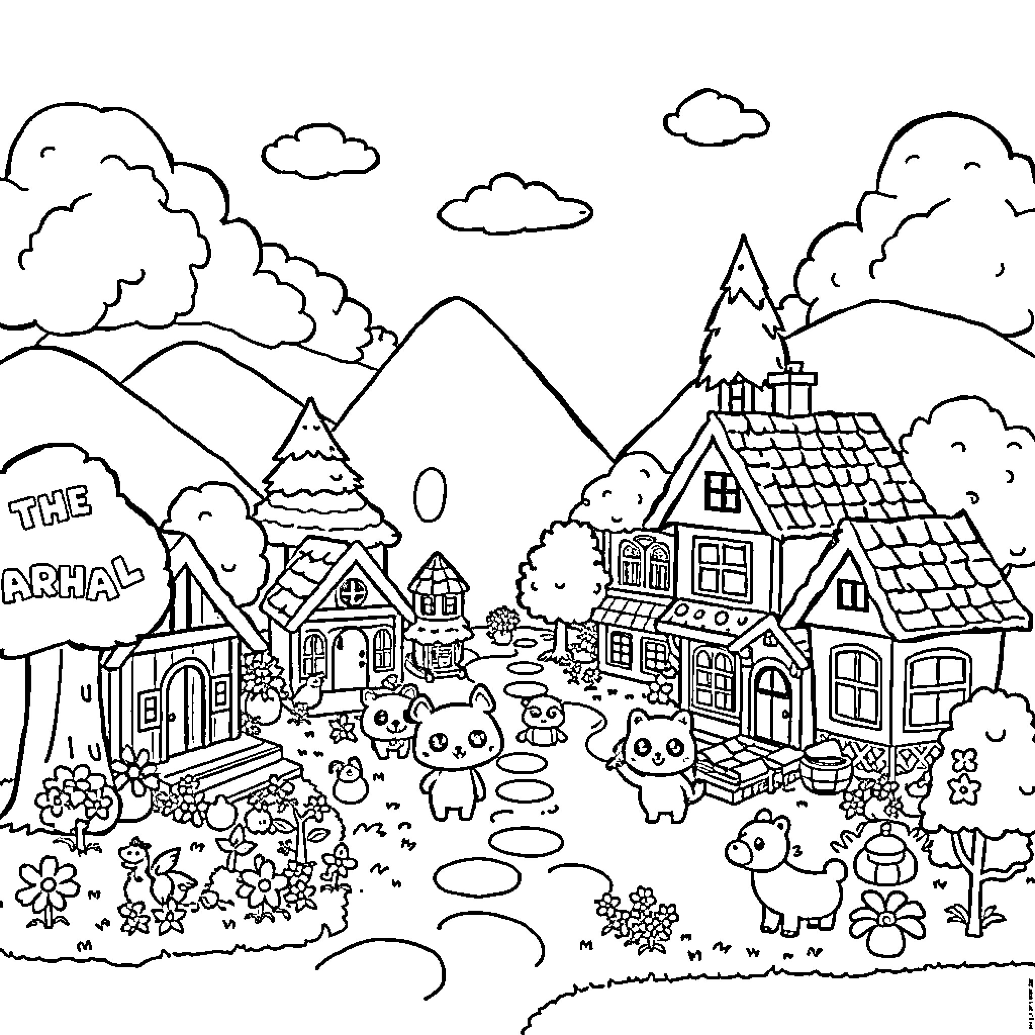 Animal Crossing Themed Village Illustration Coloring Page (free black-and-white line drawing printable PDF for all, from beginners to advanced learners, including children, teens, adults, and seniors)