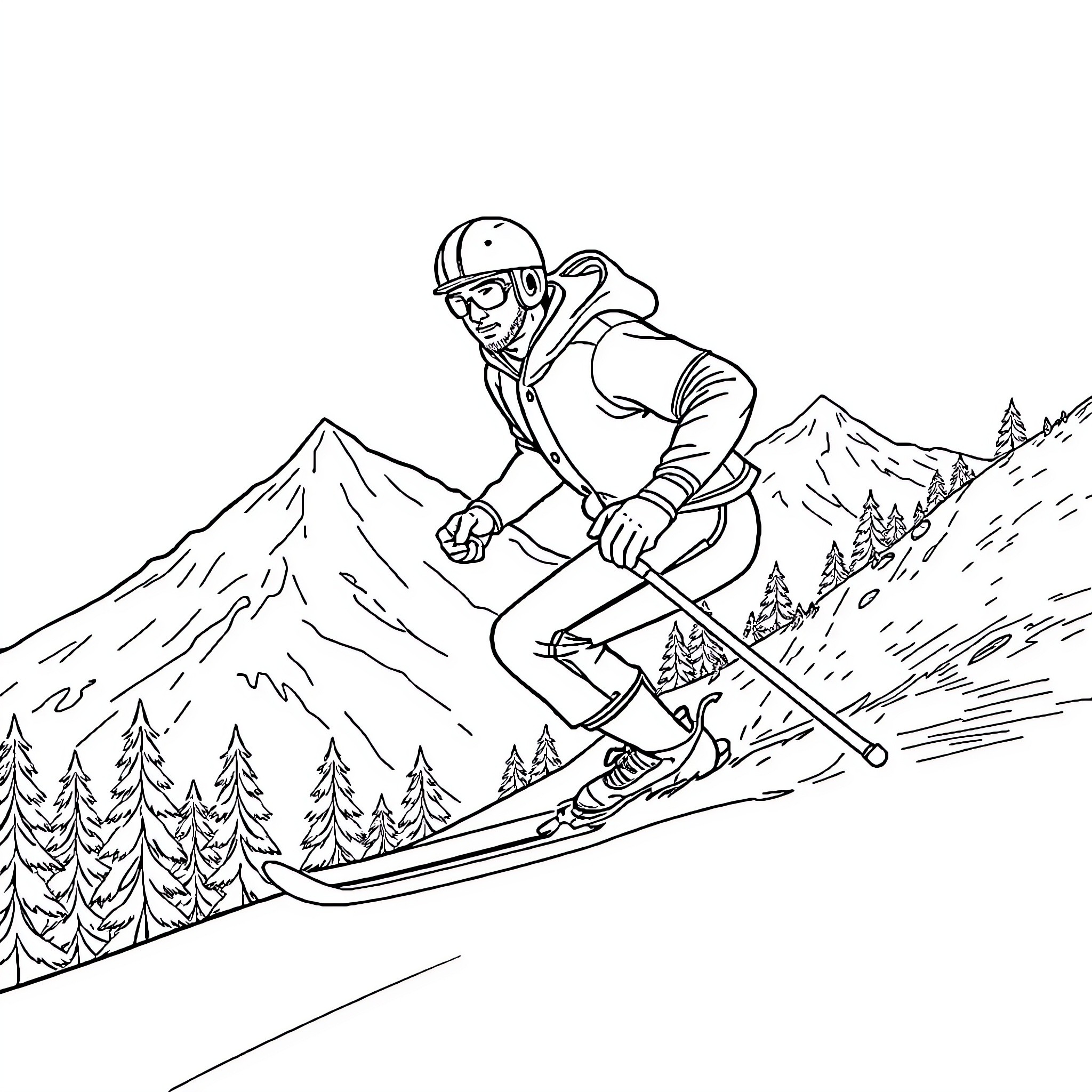 Baseball Player Skiing Down Snowy Mountainside Coloring Page (free black-and-white line drawing printable PDF for all, from beginners to advanced learners, including children, teens, adults, and seniors)