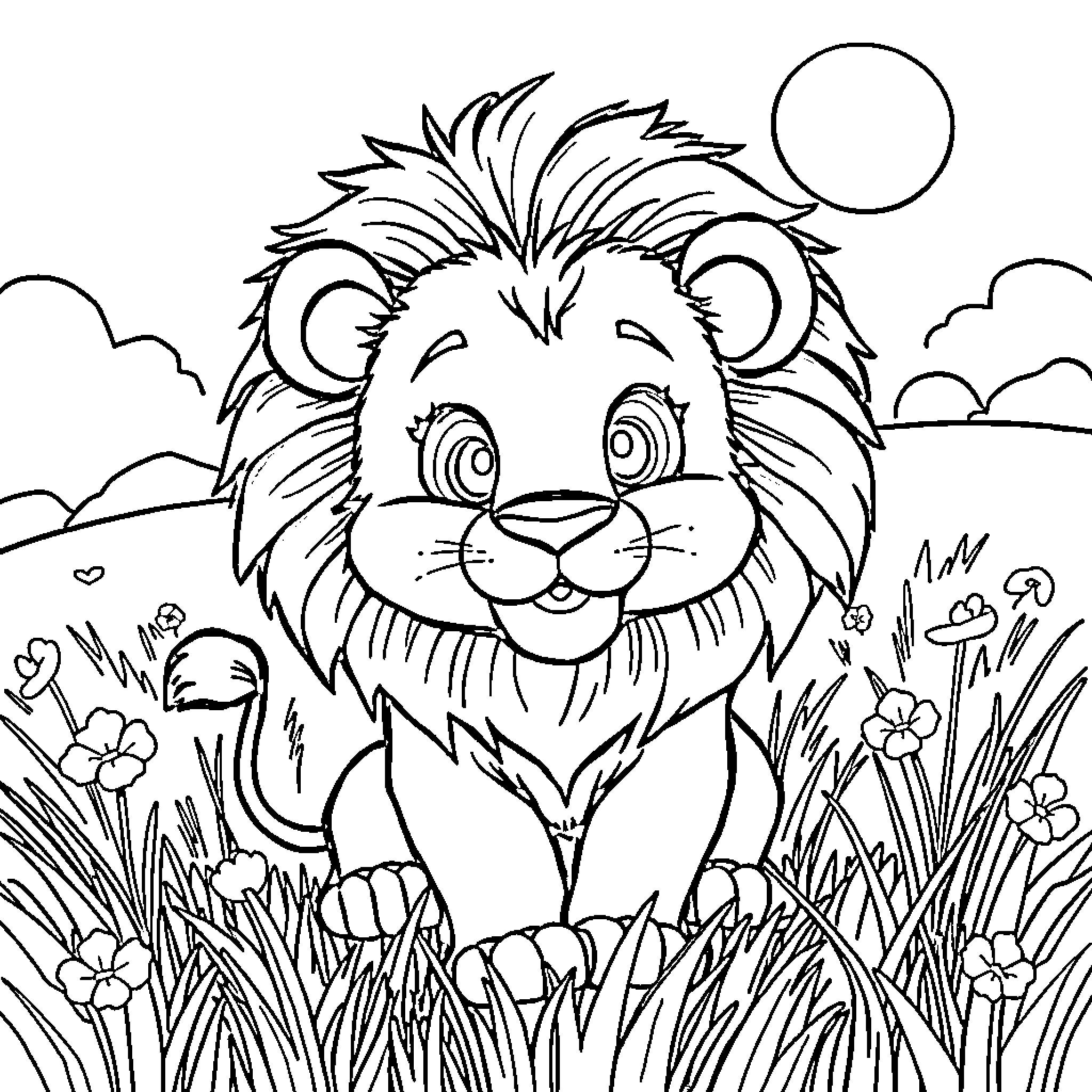 Lion enjoying nature in the wild Coloring Page (free black-and-white line drawing printable PDF for all, from beginners to advanced learners, including children, teens, adults, and seniors)