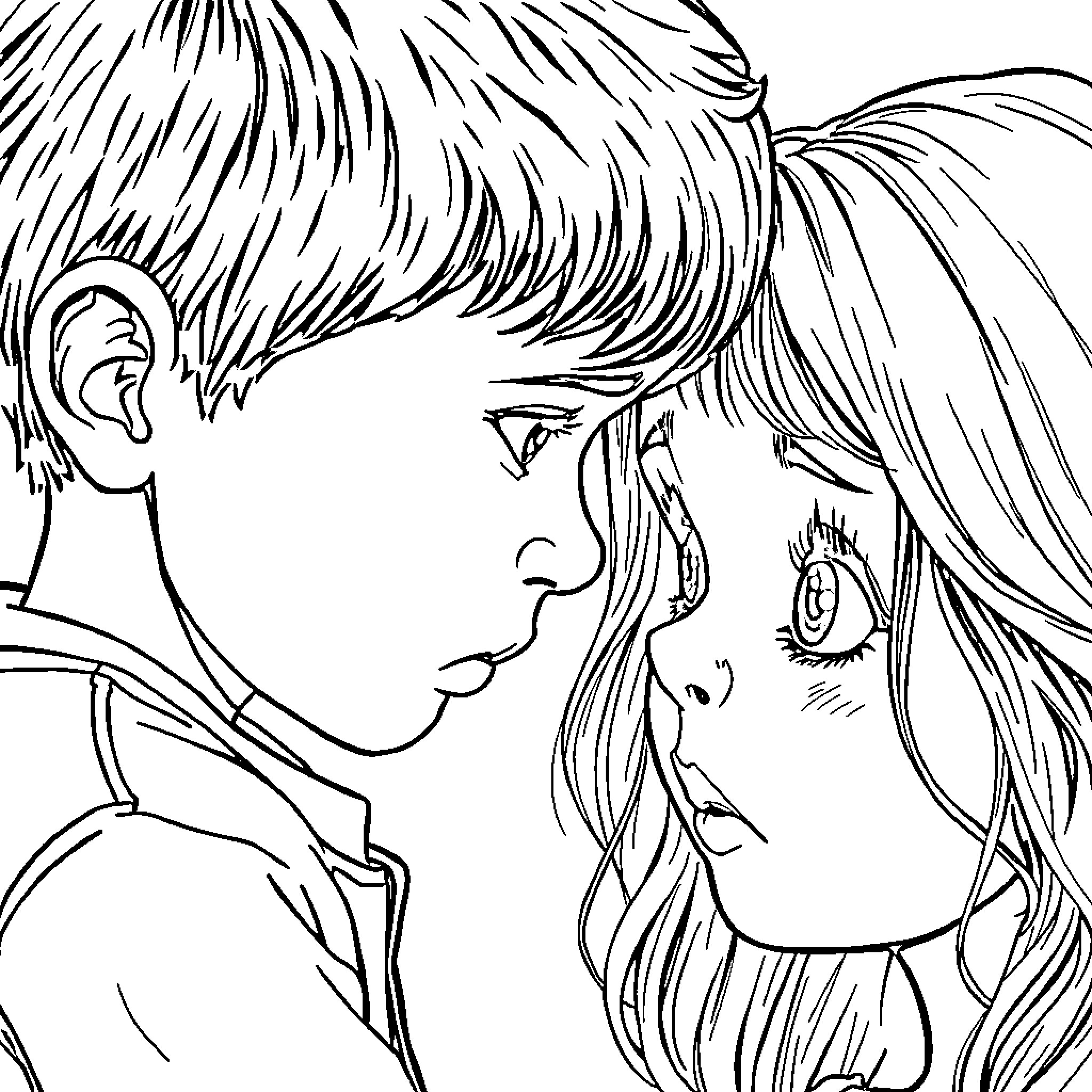 Boy and girl in deep conversation Coloring Page (free black-and-white line drawing printable PDF for all, from beginners to advanced learners, including children, teens, adults, and seniors)