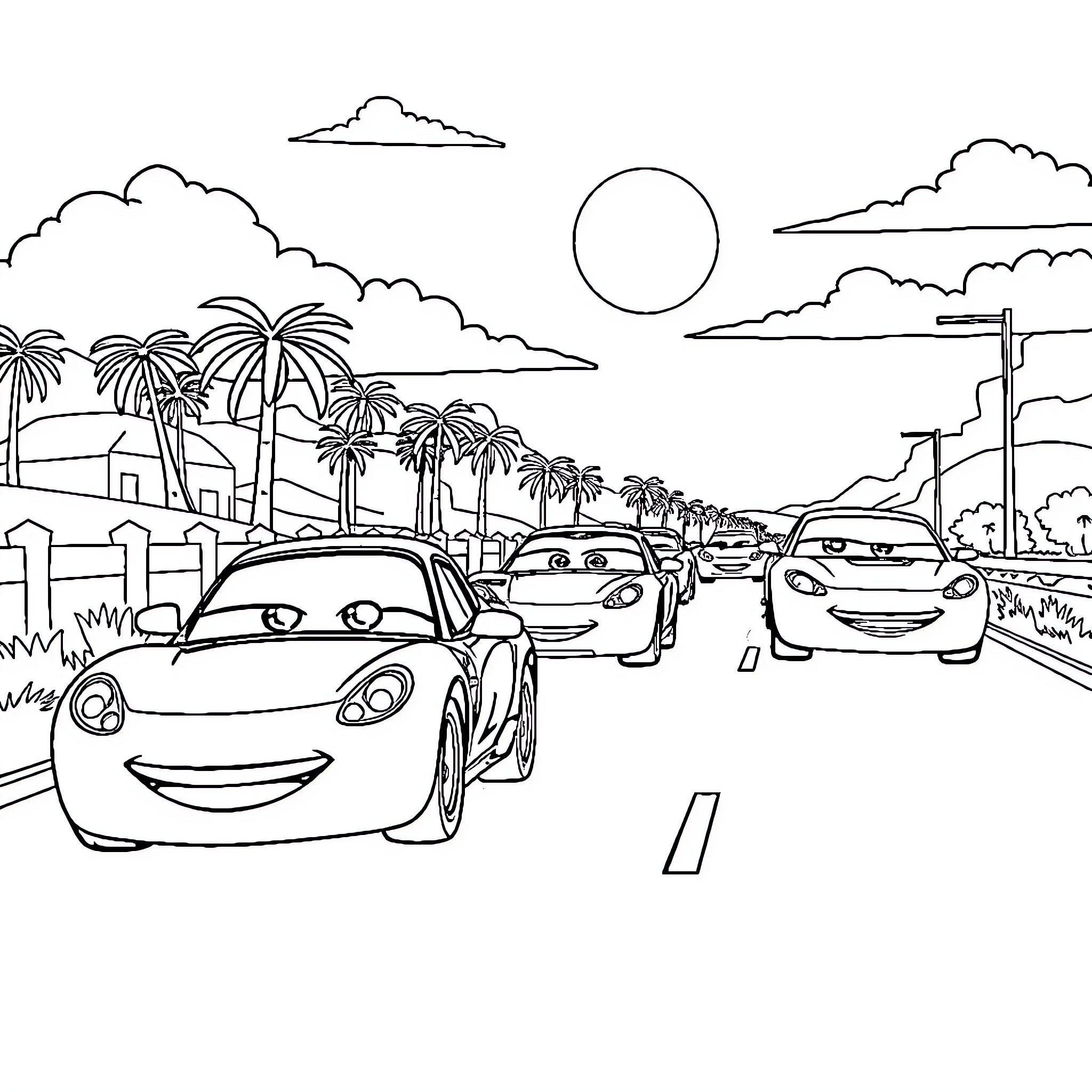 Cars cruising along palm-lined tropical road Coloring Page (free black-and-white line drawing printable PDF for all, from beginners to advanced learners, including children, teens, adults, and seniors)