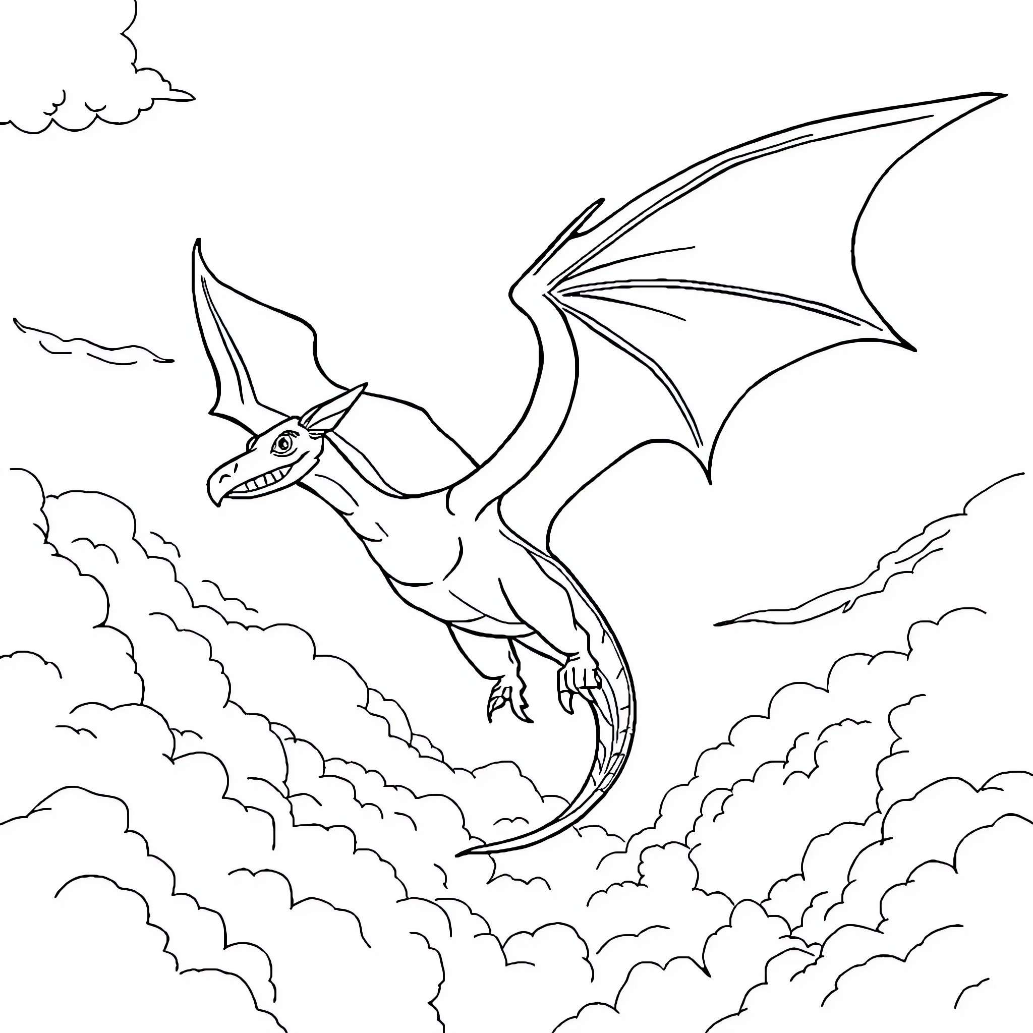 Chimuelo the dragon soaring through cloudy skies Coloring Page (free black-and-white line drawing printable PDF for all, from beginners to advanced learners, including children, teens, adults, and seniors)