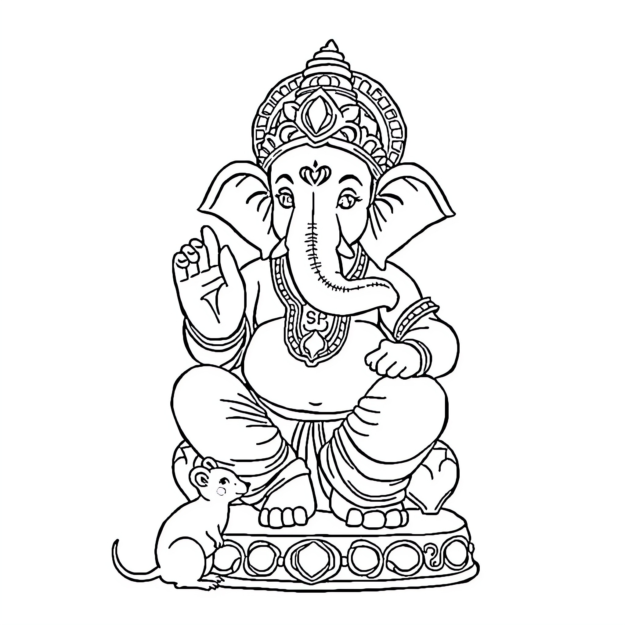 Ganesh the Elephant-Headed Deity in Contemplative Pose Coloring Page (free black-and-white line drawing printable PDF for all, from beginners to advanced learners, including children, teens, adults, and seniors)
