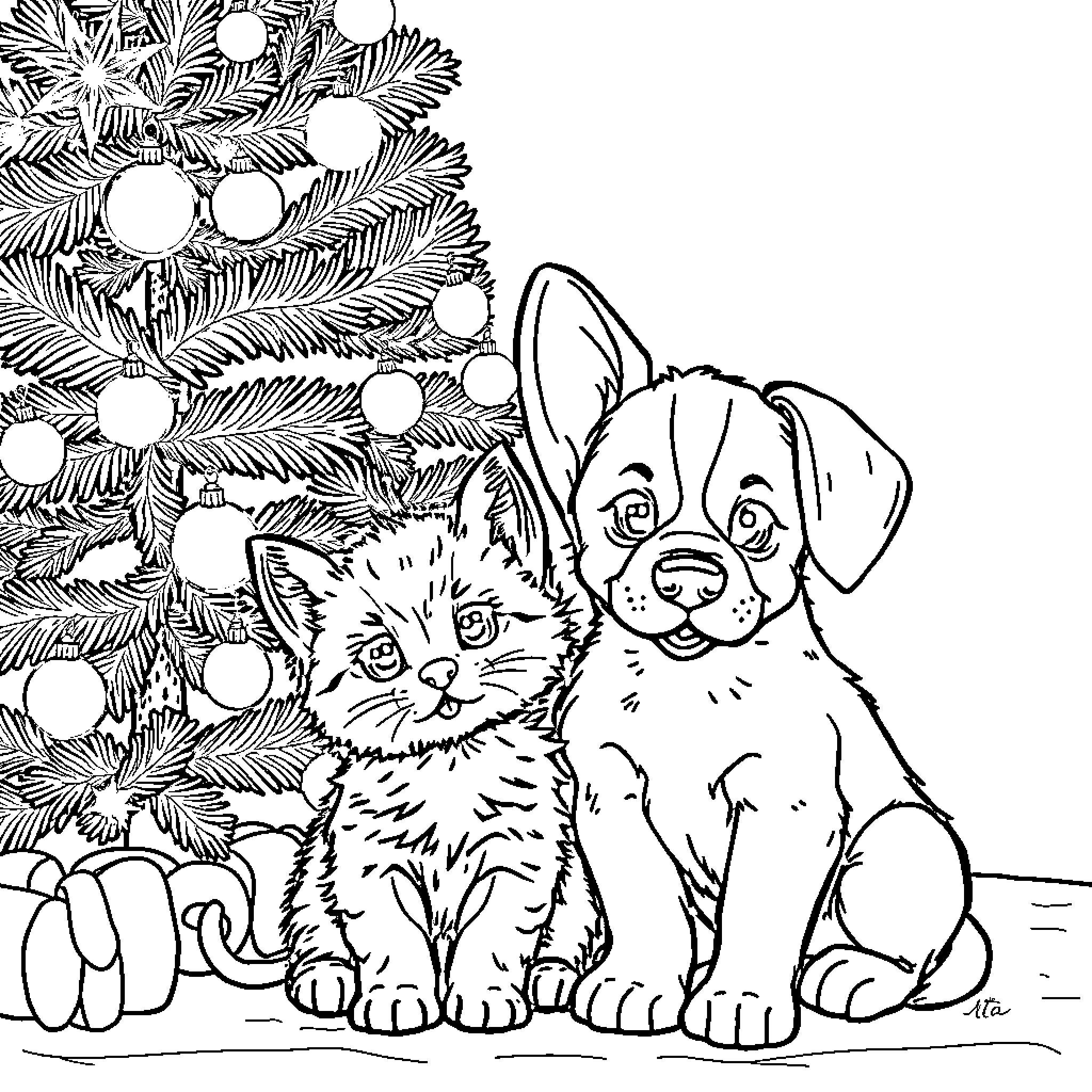 Kitten and puppy exploring festive decorations Coloring Page (free black-and-white line drawing printable PDF for all, from beginners to advanced learners, including children, teens, adults, and seniors)