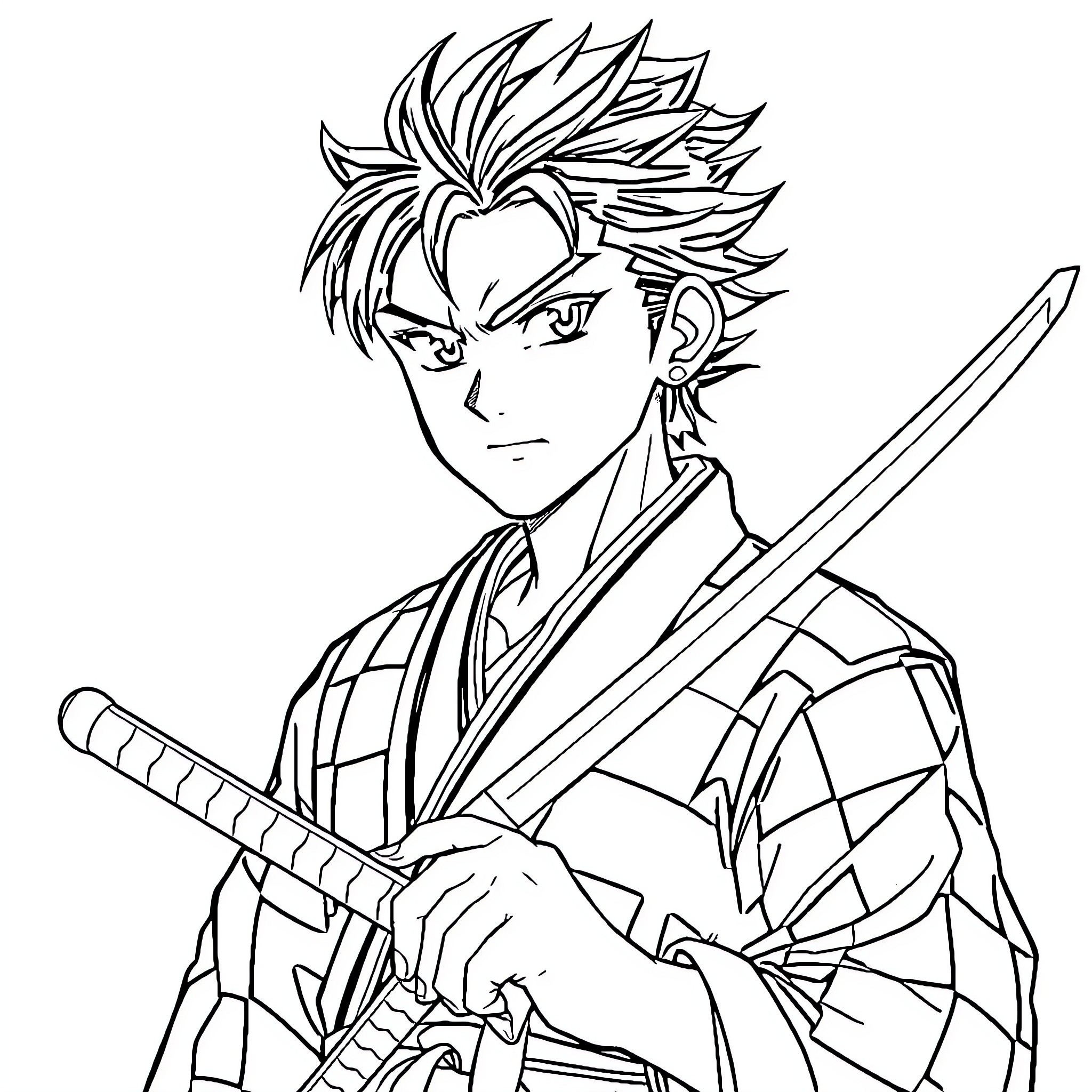 Tanjiro wielding his sword with determination Coloring Page (free black-and-white line drawing printable PDF for all, from beginners to advanced learners, including children, teens, adults, and seniors)